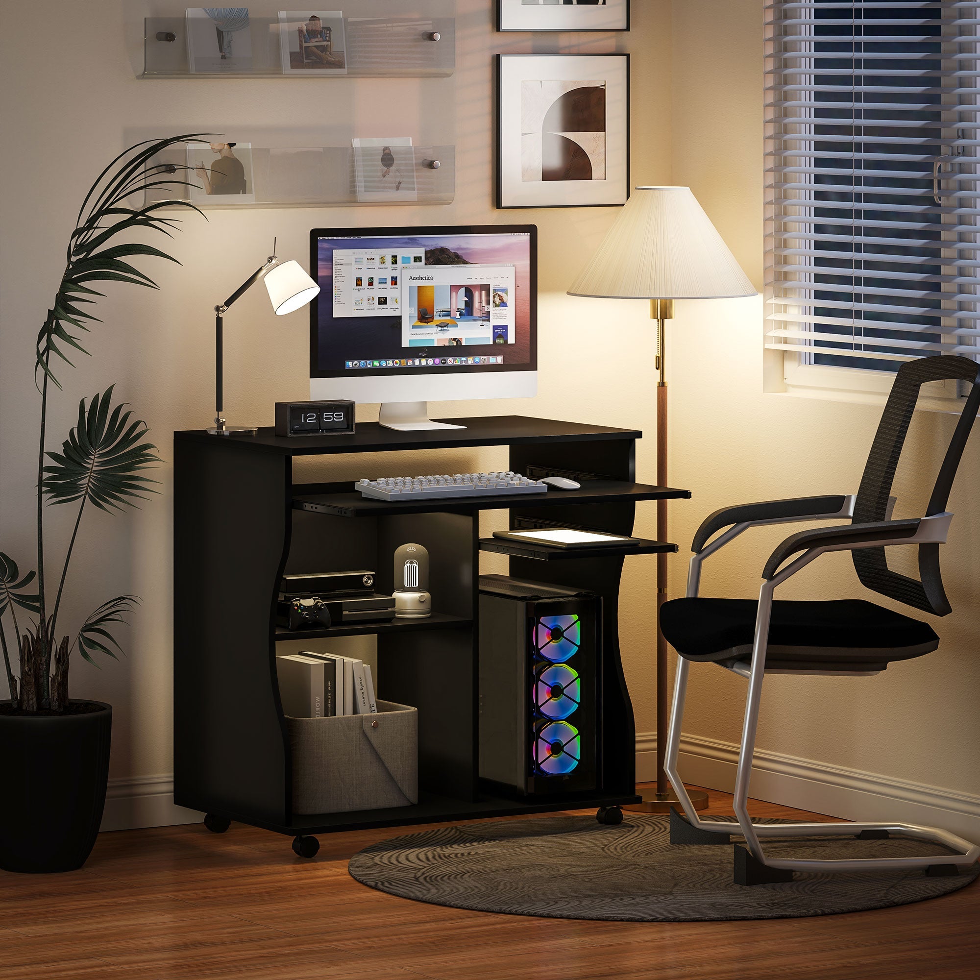 Logidon computertafel zwarte wielen toetsenbordplank 80 x 48 x 75 cm