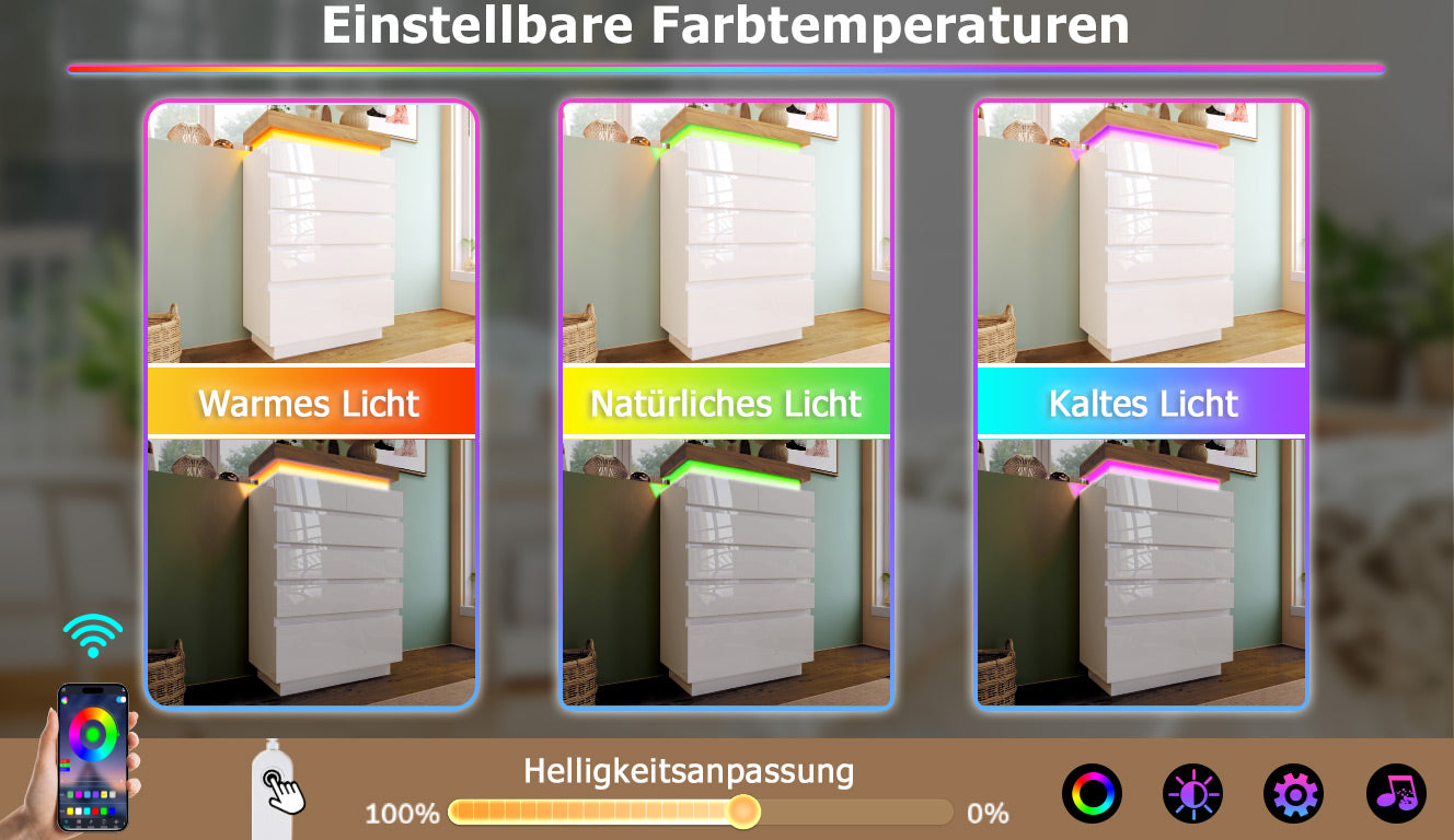 Logidon sideboard 6 drawers white 115x73x39 cm LED app control