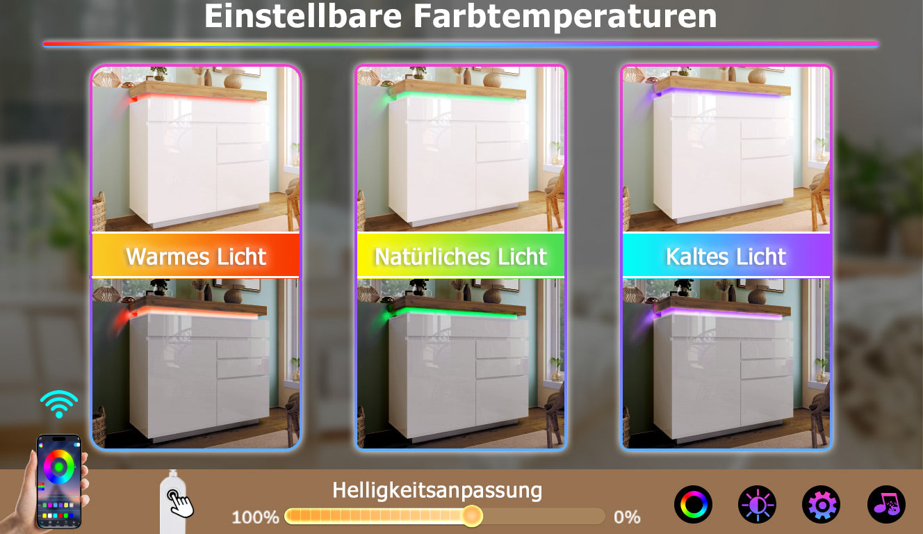 Logidon high gloss chest of drawers white LED lighting app control 2 doors