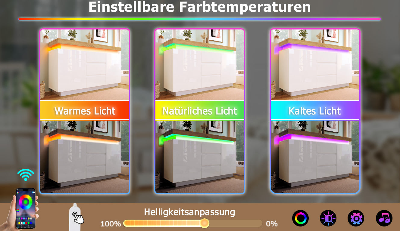 Logidon Wit Dressoir Met LED Verlichting 2 Deurs 3 Lades