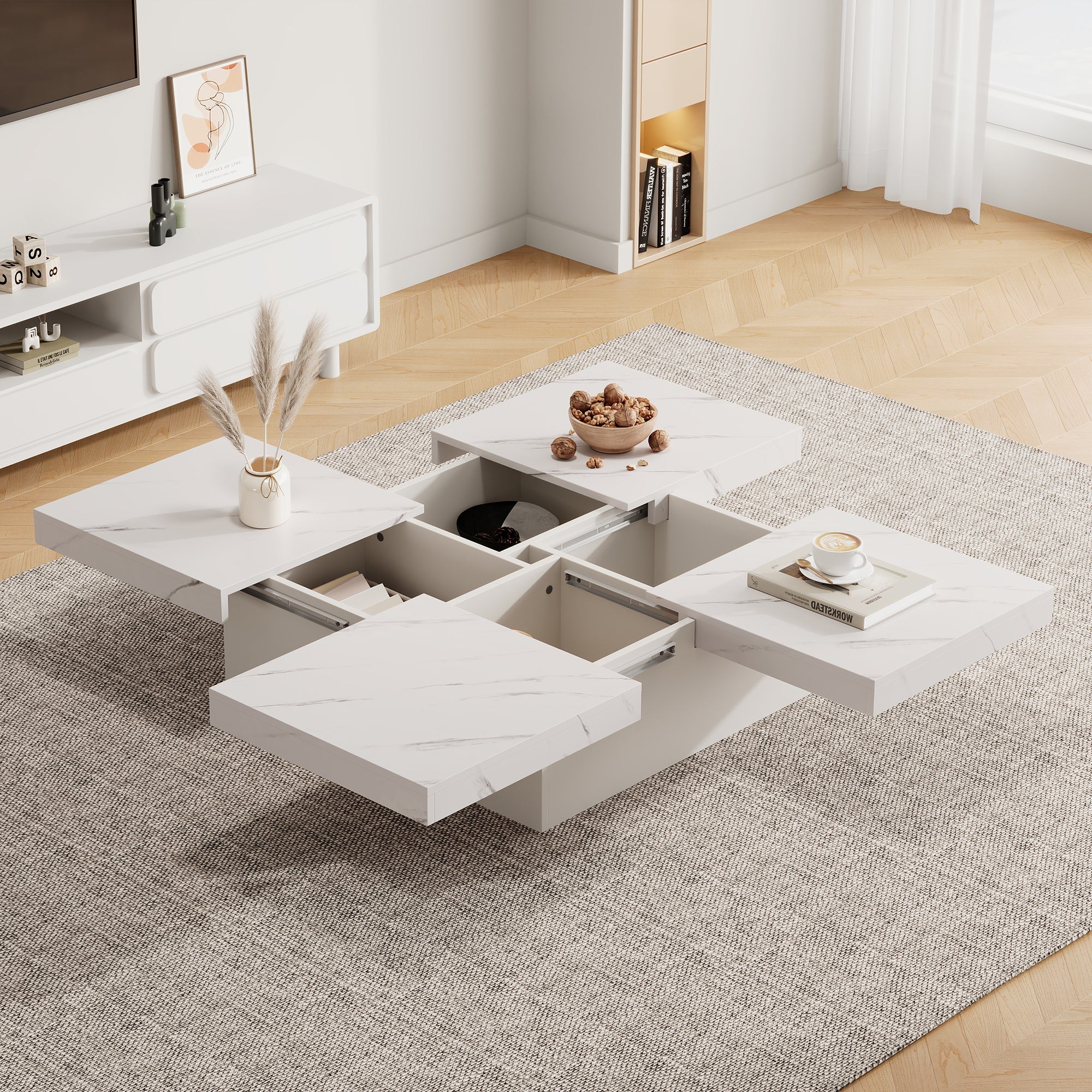 Logidon vierkante salontafel wit marmerlook 90x90x25 cm met lades
