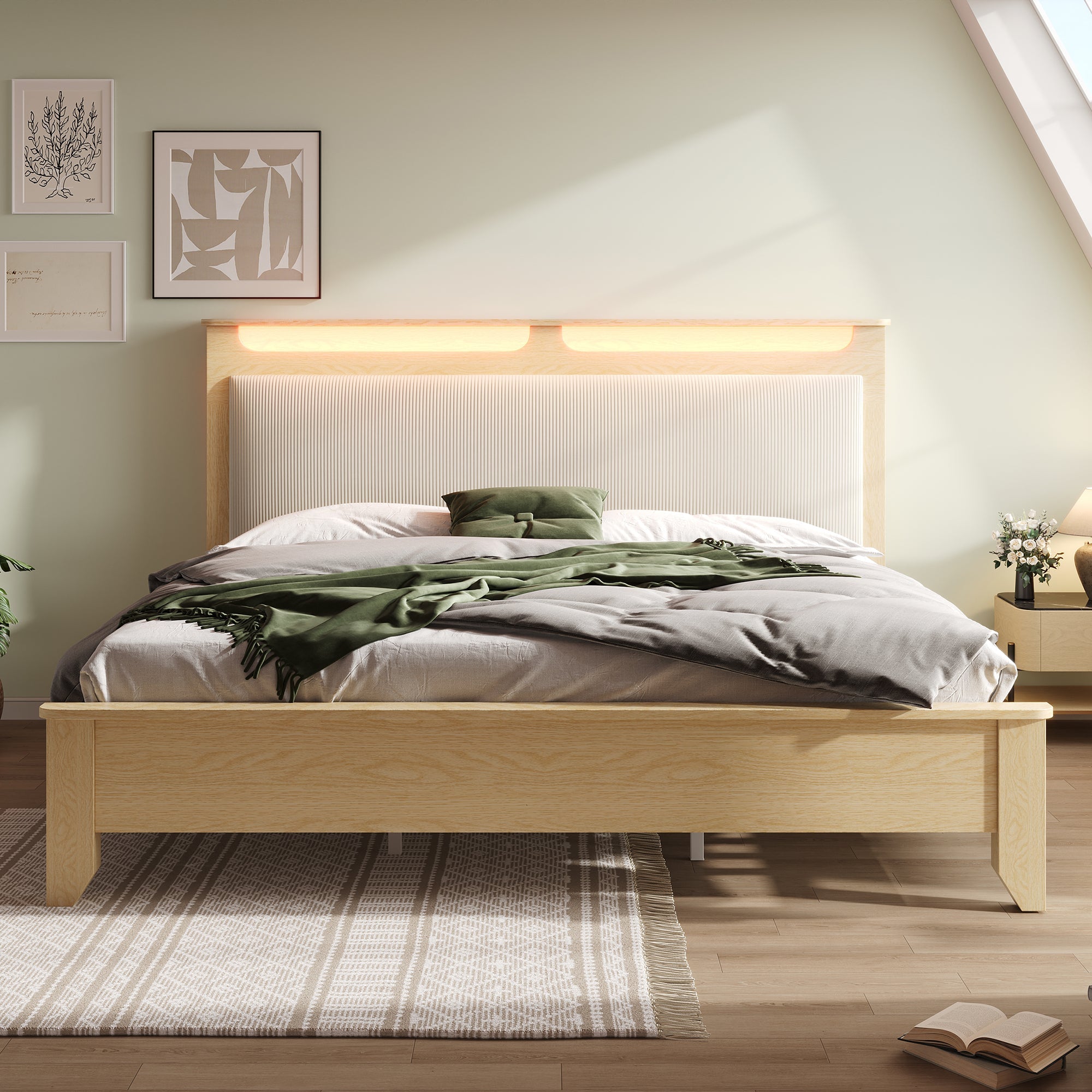 Logidon tweepersoonsbed 160x200 cm met opbergruimte en LED-verlichting beige