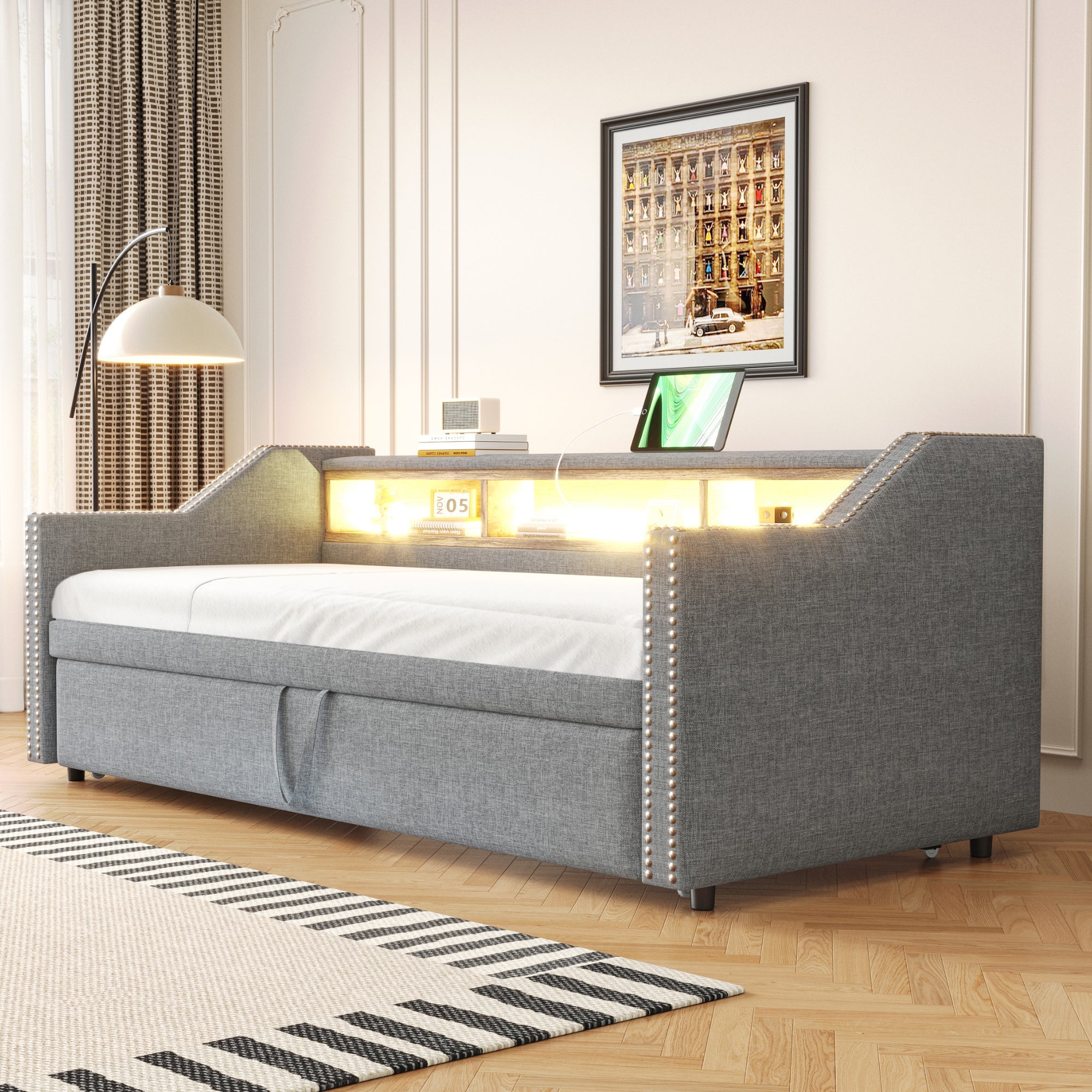 Logidon upholstered bed pull-out sofa bed 90/180 x 190 cm light gray storage compartment