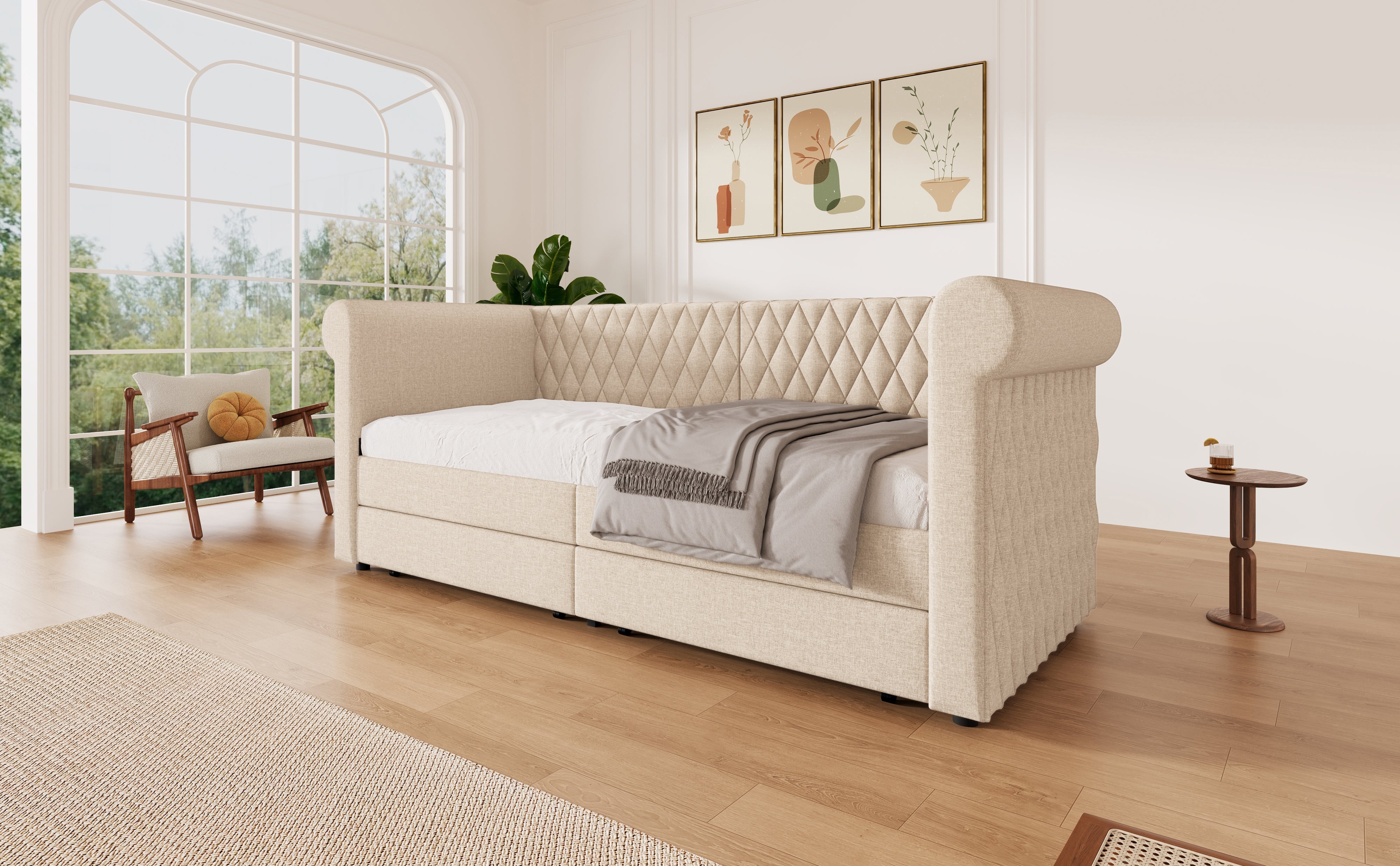Logidon Vintage Upholstered Bed 90x200 Beige Linen Sofa Bed With Storage Space