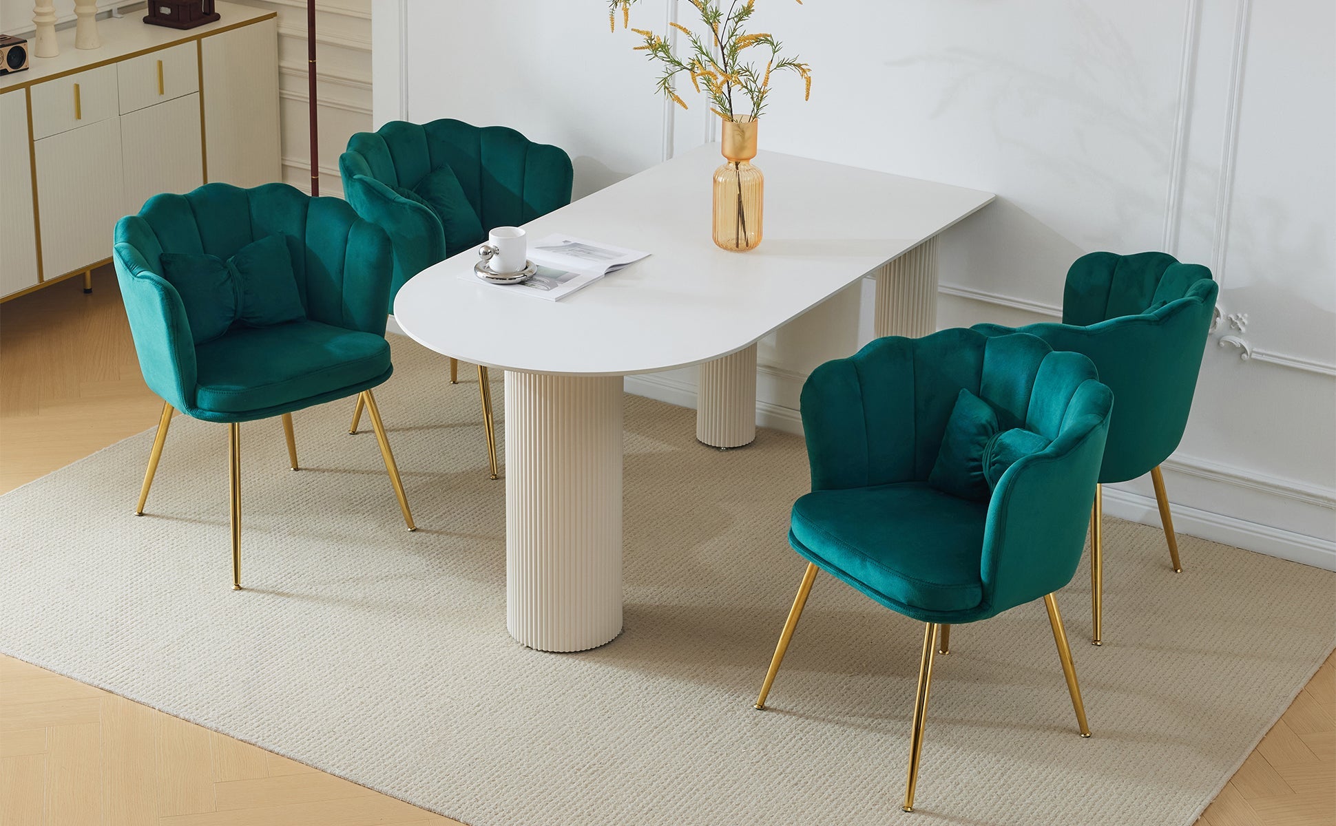 Logidon Set van 4 Fluwelen Stoelen Groen met Bladdesign en Gouden Poten