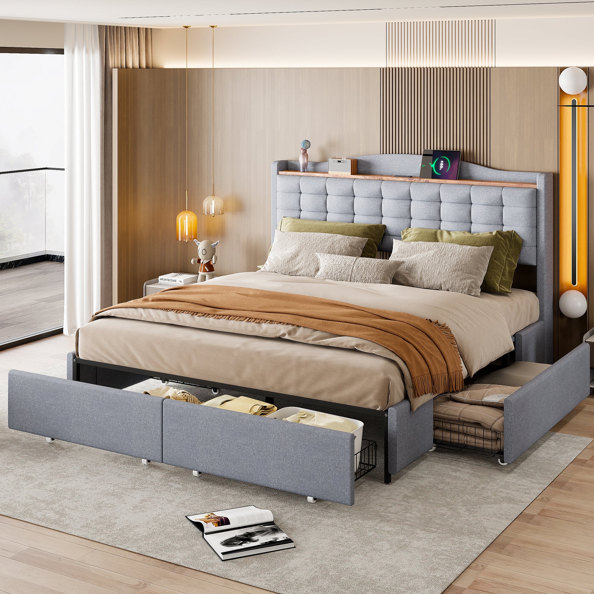 Logidon gestoffeerd bed 160x200 grijs USB-oplaadpoort