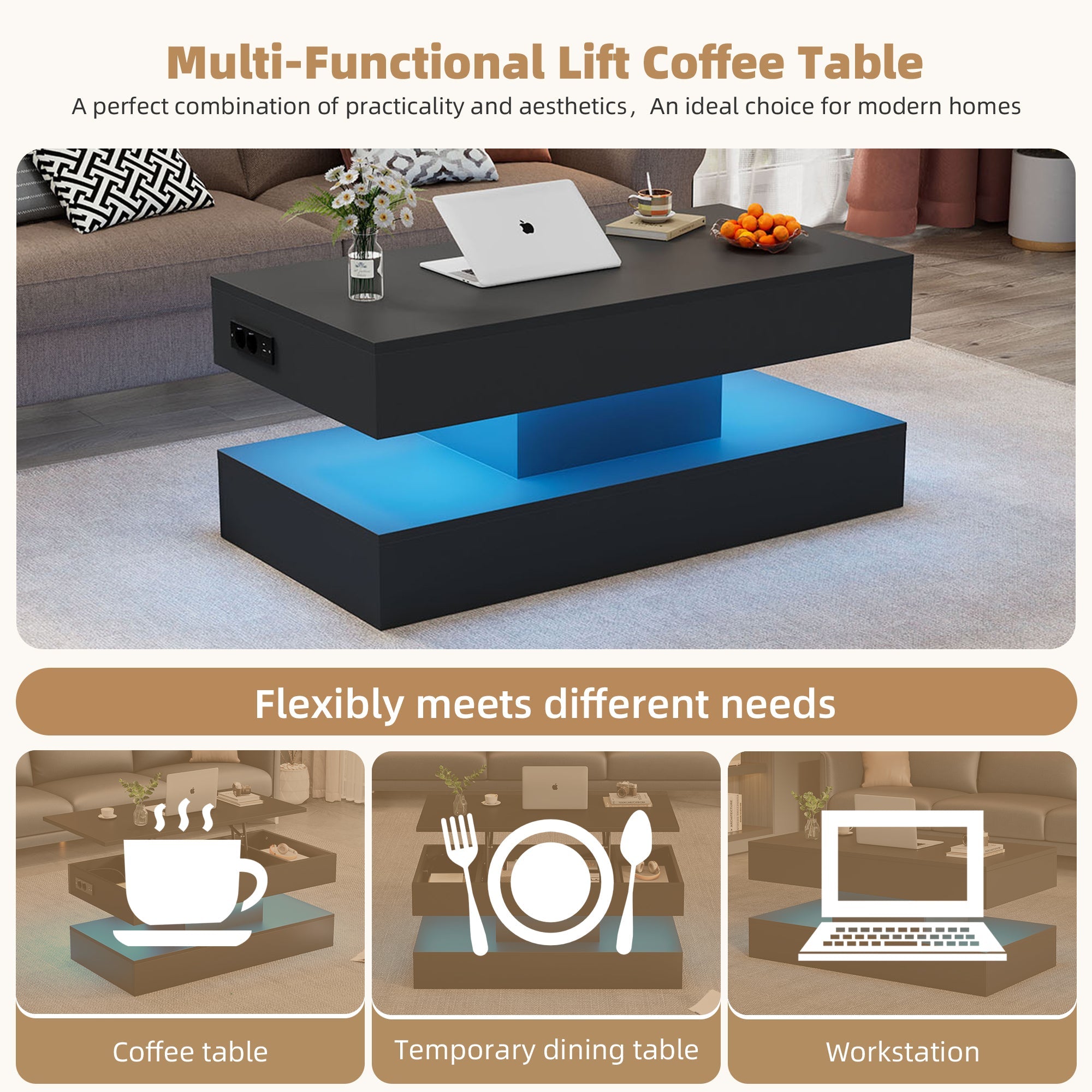 Logidon LED Salontafel met verborgen opbergruimte 100x50 cm Zwart