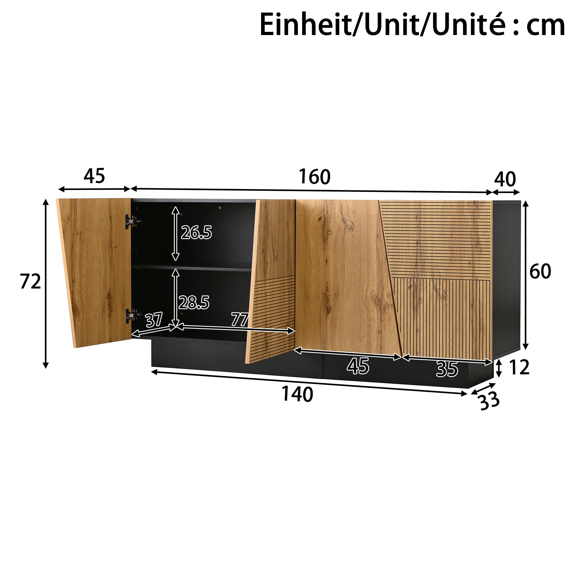 Logidon dressoir 160 cm zwart houtlook verstelbare planken