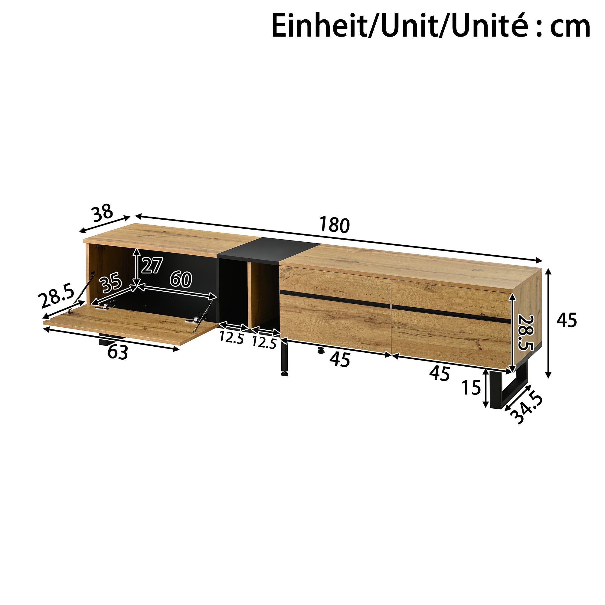 Logidon Modern TV-lowboard 180 cm Bruin met inklapbaar vak Open vakken