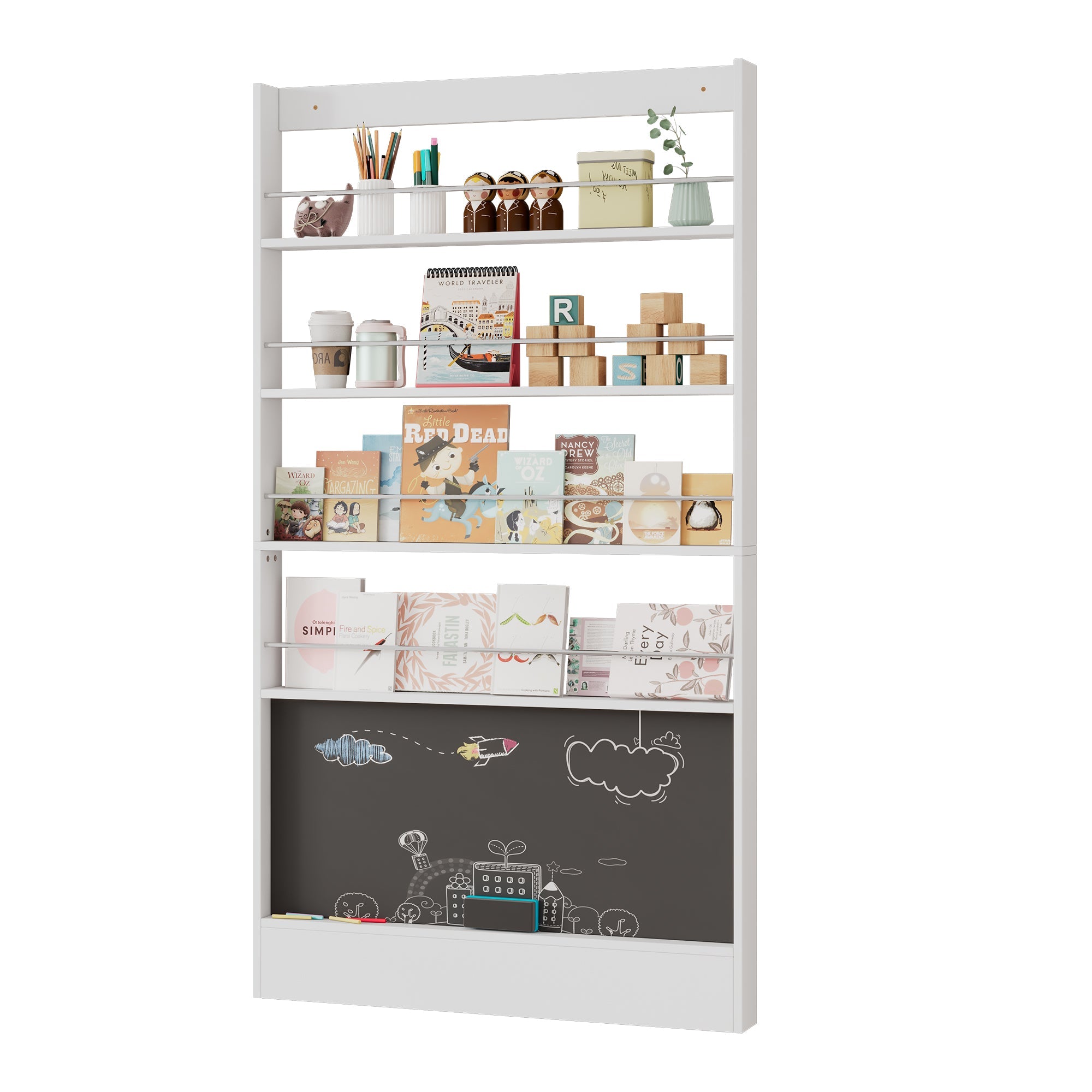 Logidon prentenboekenplank wit anti-tip zwart bord 100 x 10 x 180 cm