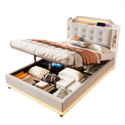 Logidon gestoffeerd bed 140x200 beige met LED lichtstrip en opbergruimte