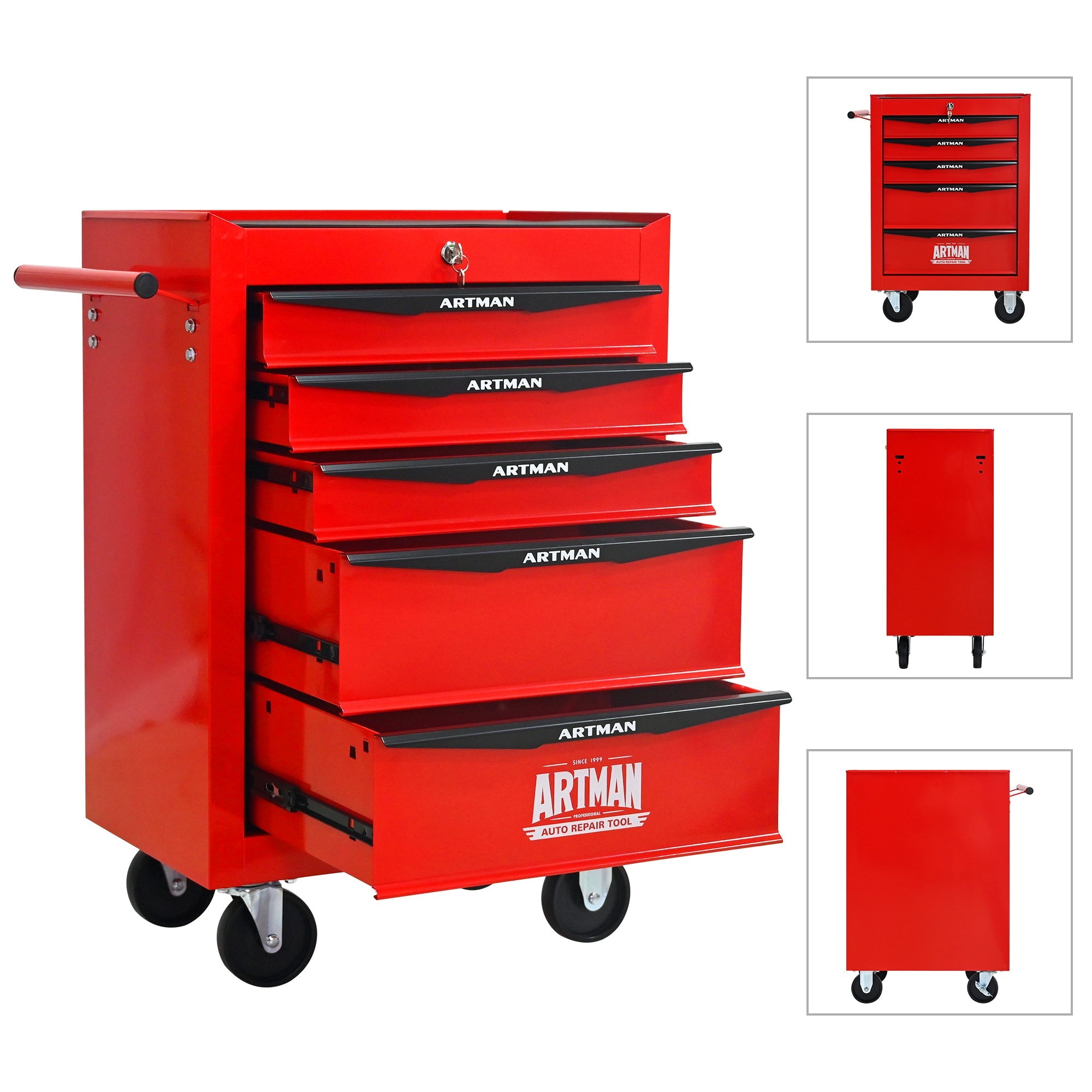Logidon stalen gereedschapskist met 5 lades rood zwart 52x33x66 cm