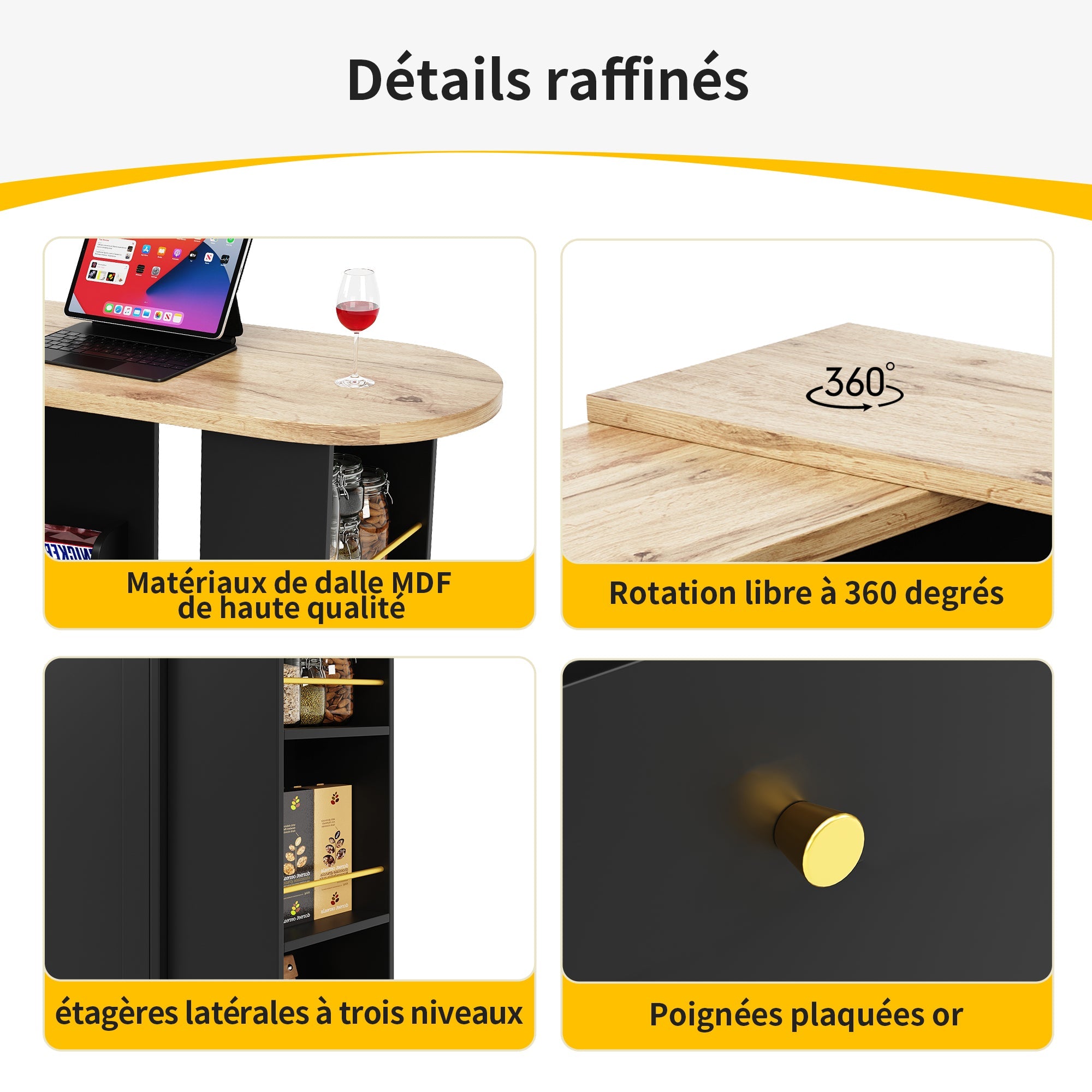 Logidon 360° draaibare bartafel 138 cm zwart met 2 lades