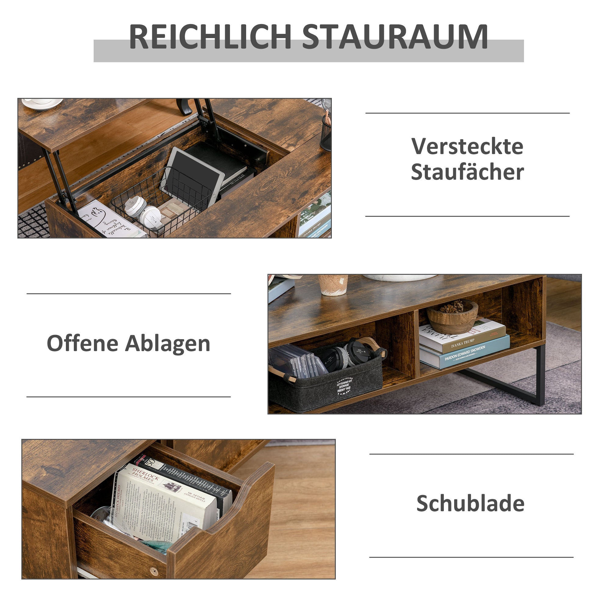 Logidon In hoogte verstelbare salontafel Lift-Top bruin 100x60x44 cm