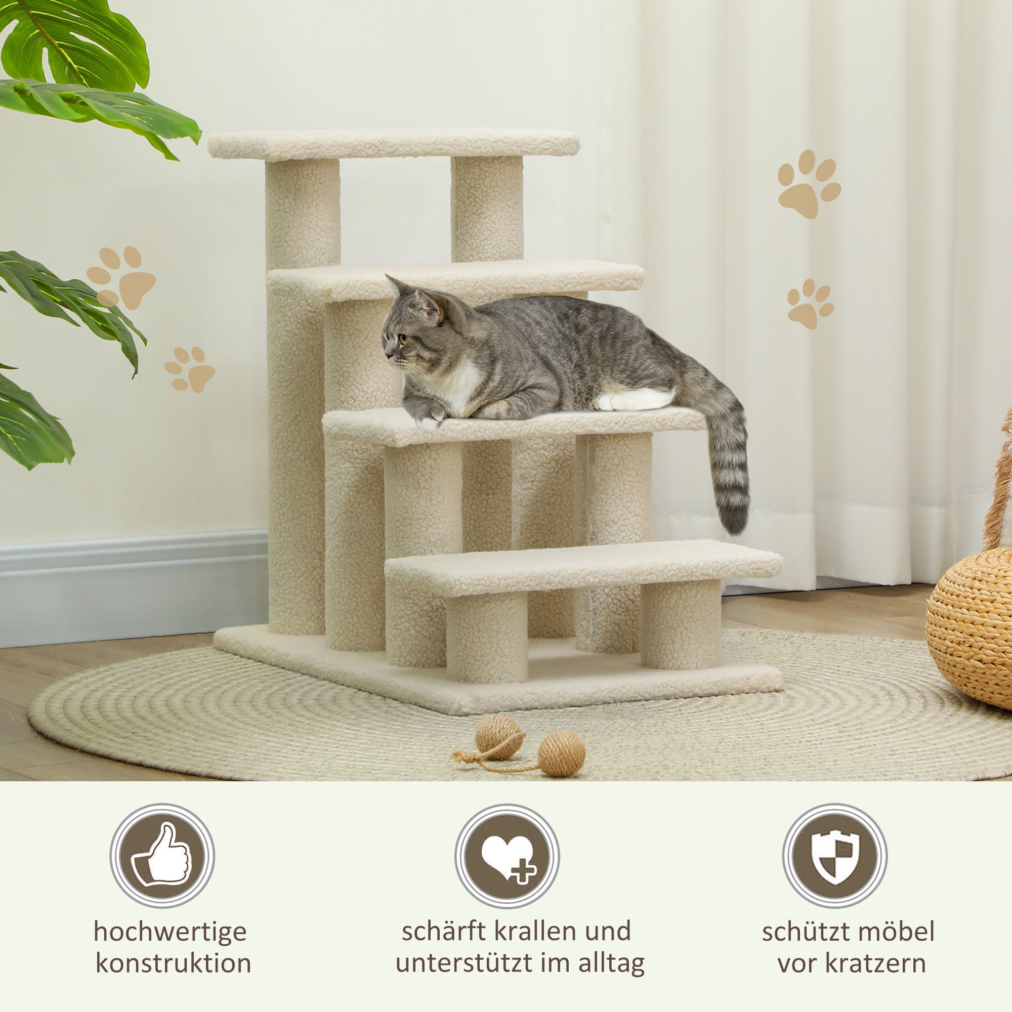 Logidon Dierentrap voor honden en katten 4-trede pluche beige 63 cm