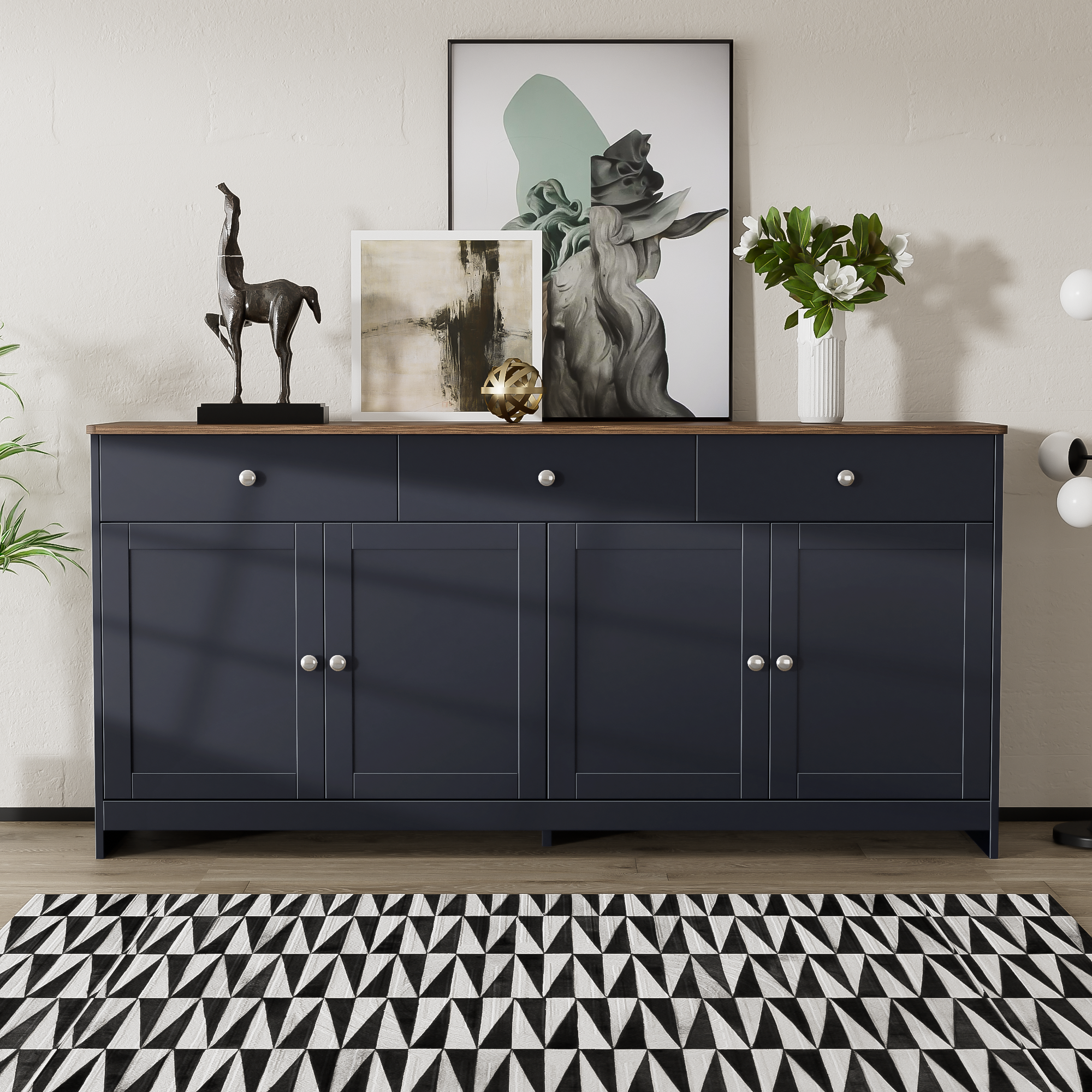 Logidon Dressoir Grijs Zwart Met Houtnerf 4 Deurs Drie Laden