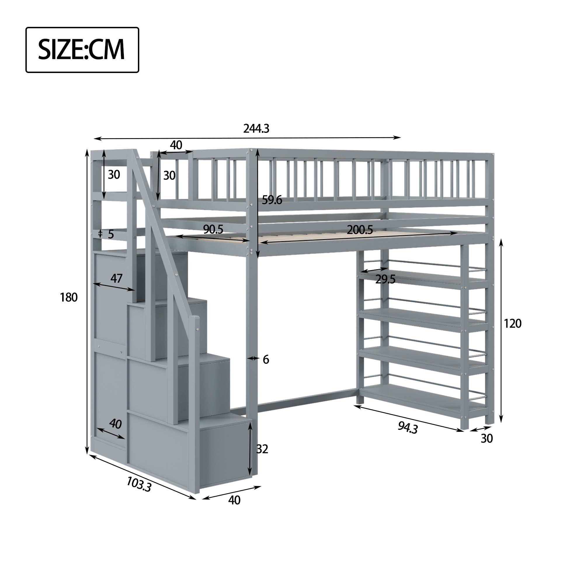 Logidon hoogslaper 90x200 grijs met kledingkast en planken