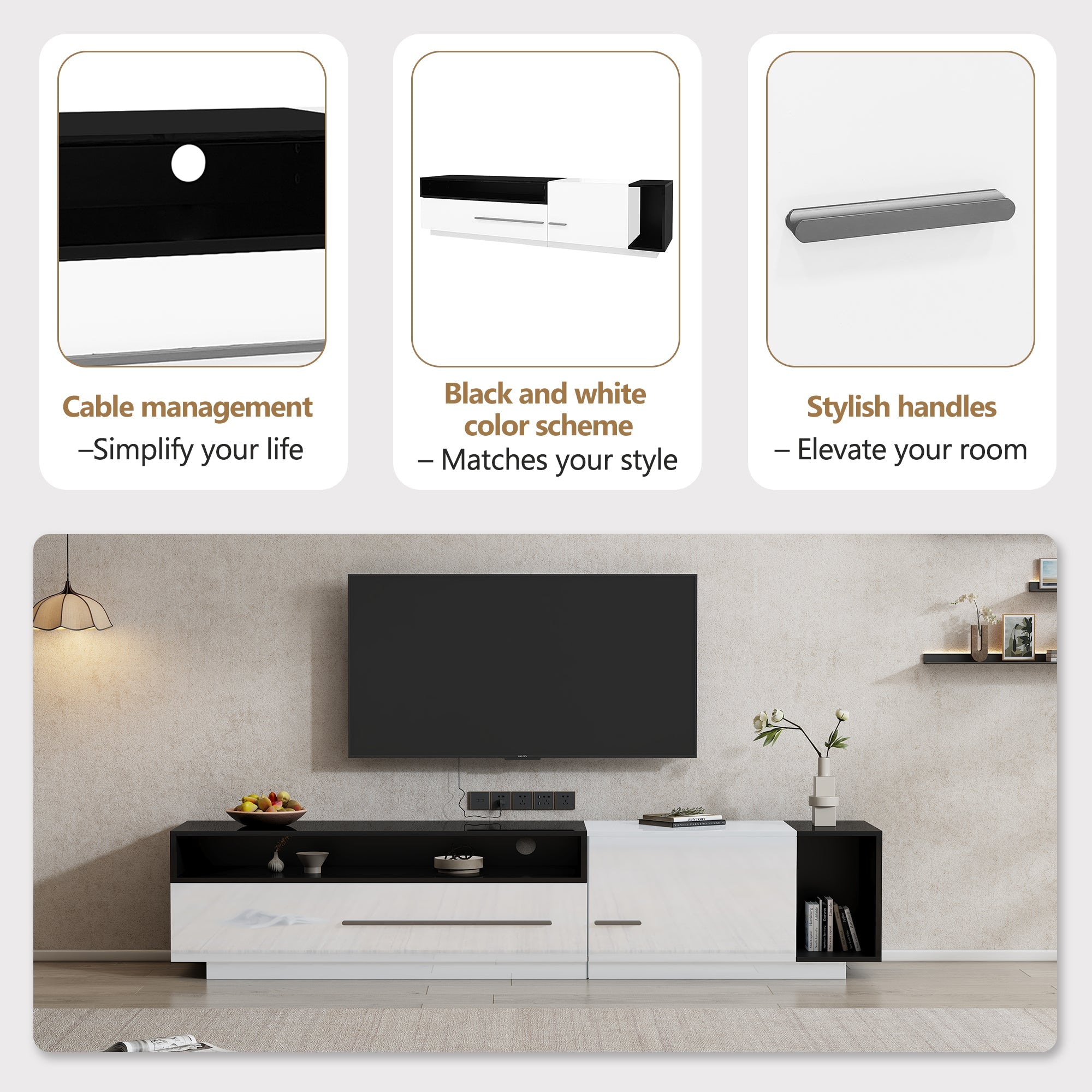 Logidon hoogglans TV-meubel 170 cm zwart wit met ladedeur
