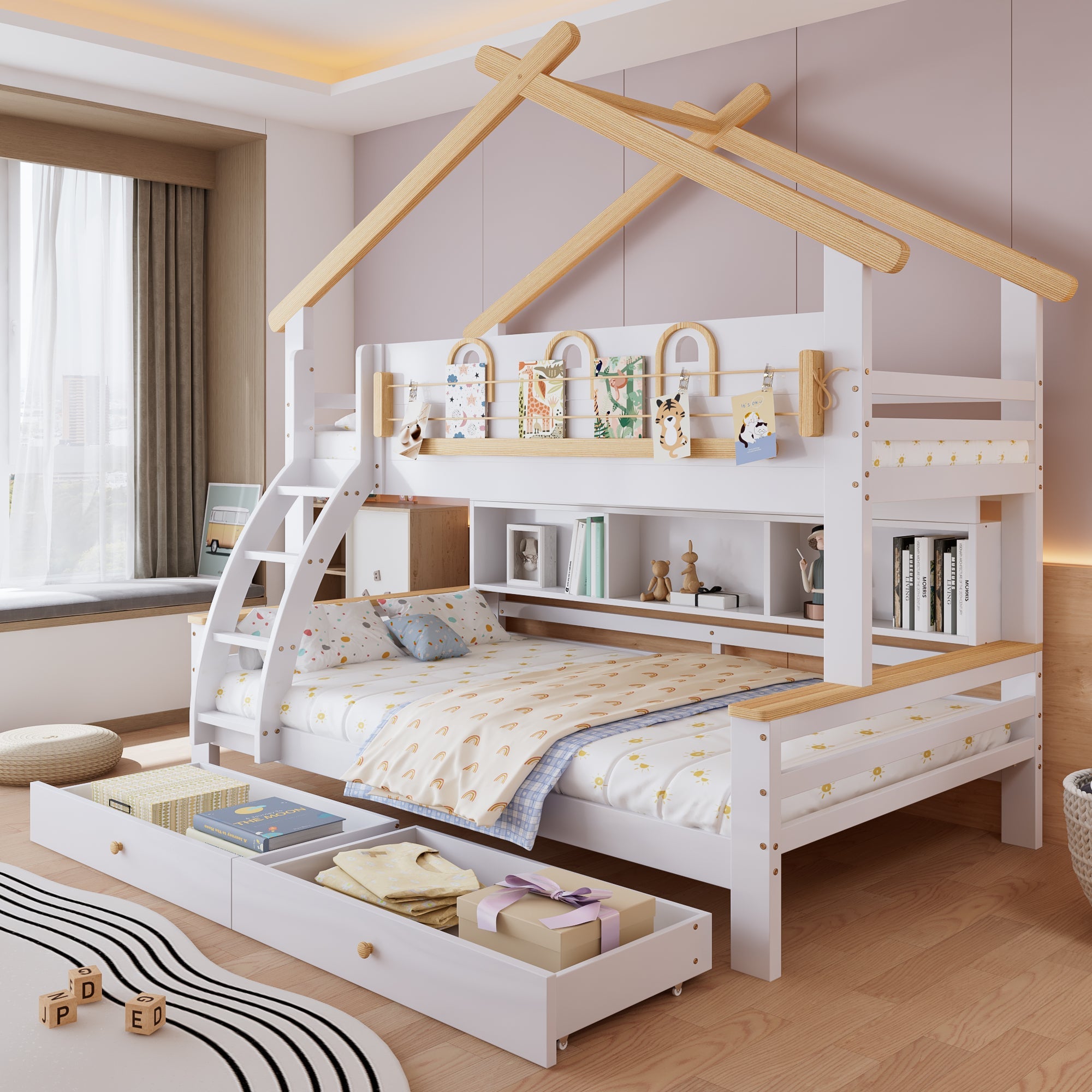 Logidon stapelbed wit naturel 90x200cm en 120x200cm twee lades
