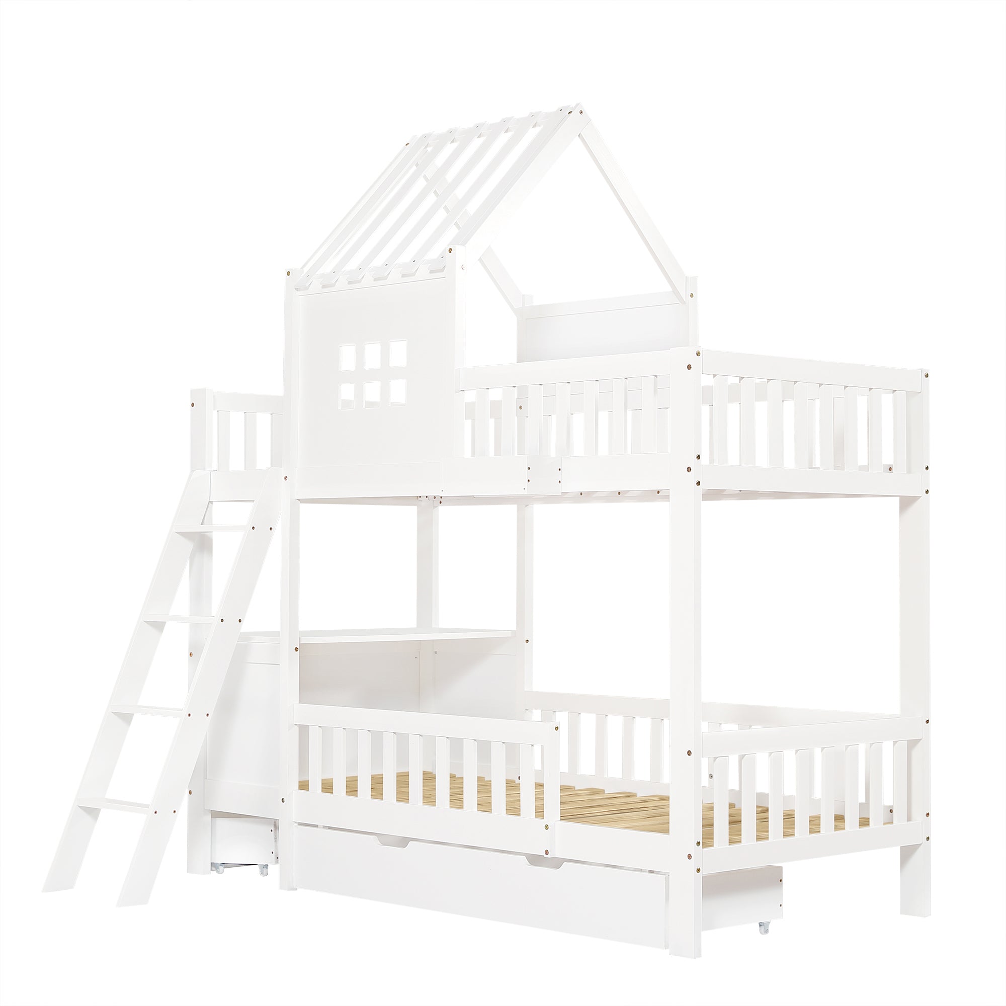 Logidon stapelbed 90x200 wit met dak, raam en 2 lades