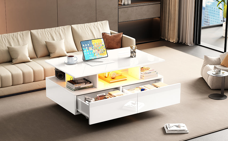 Logidon hoogglans salontafel LED, 2 lades, 90x55x41 cm wit