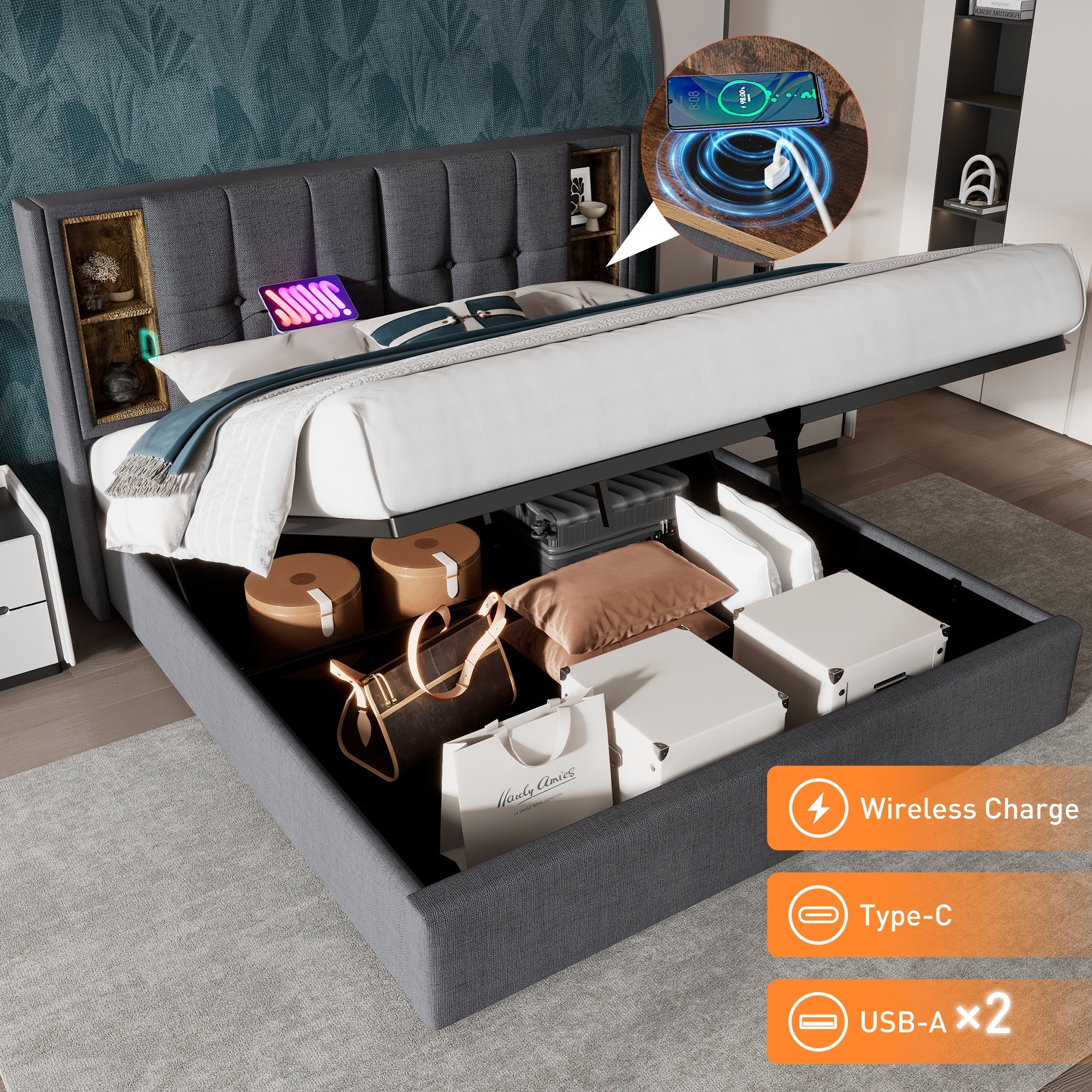 Logidon tweepersoonsbed 160x200 cm met draadloos opladen USB C gestoffeerd bed