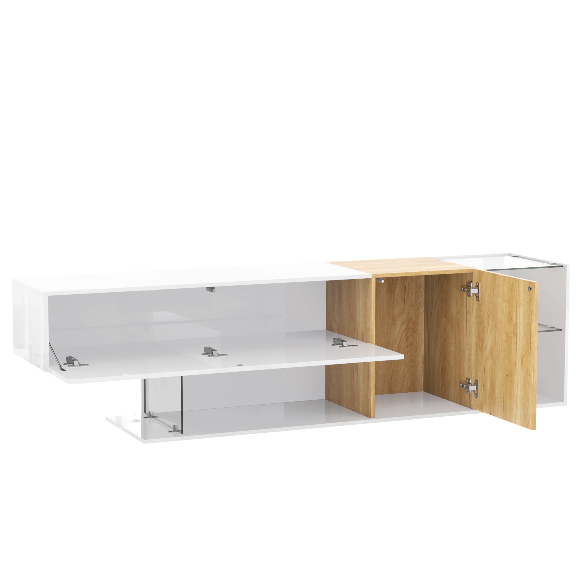 Logidon Modern TV-dressoir Wit Hoogglans Houtlook Glazen Planken 180cm
