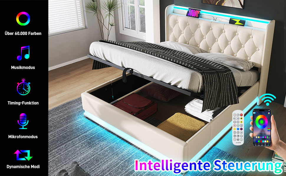 Logidon gestoffeerd bed tweepersoonsbed 180x200 cm wit PU, 360 surround LED