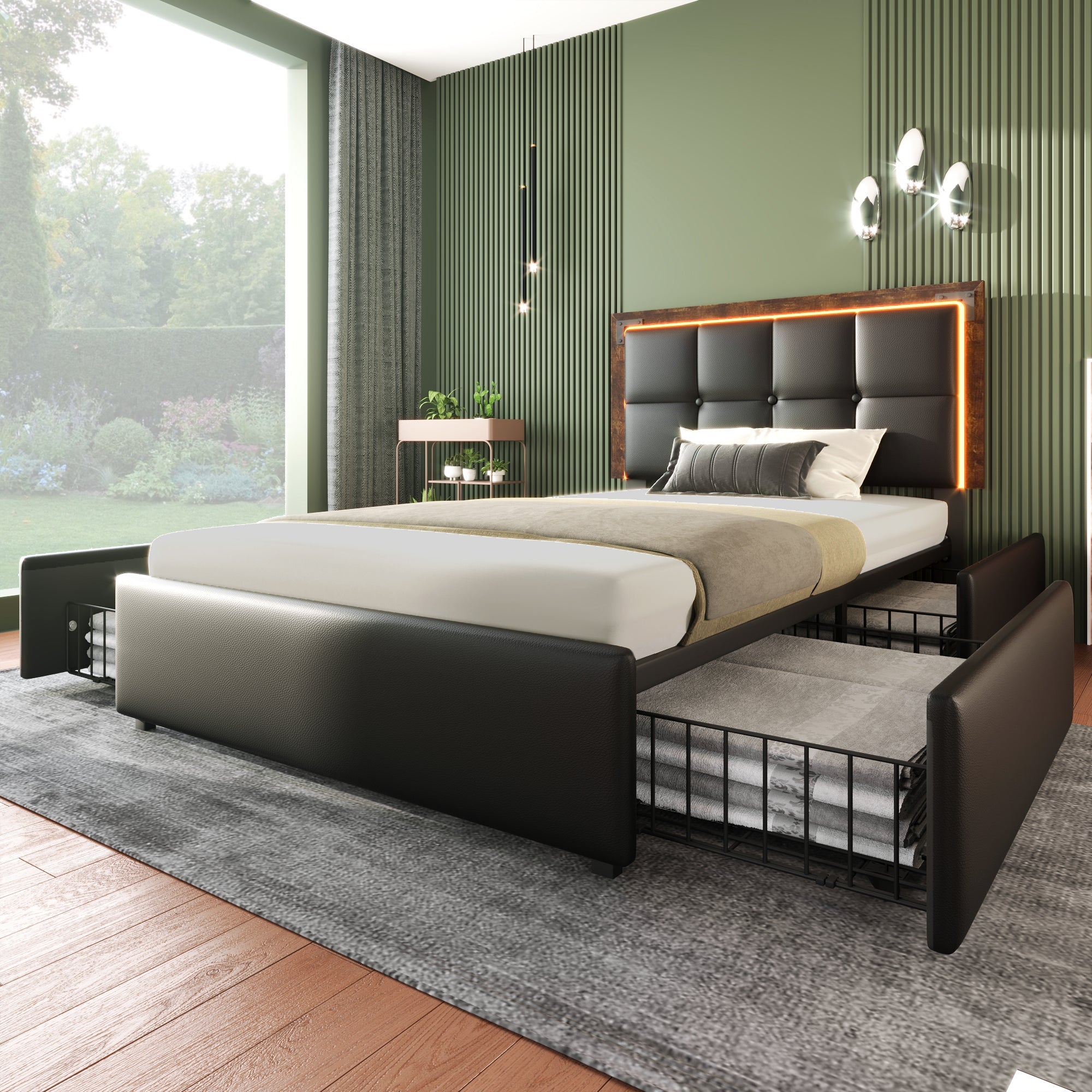 Logidon bedframe 90x200cm met LED-strip en vier lades zwart