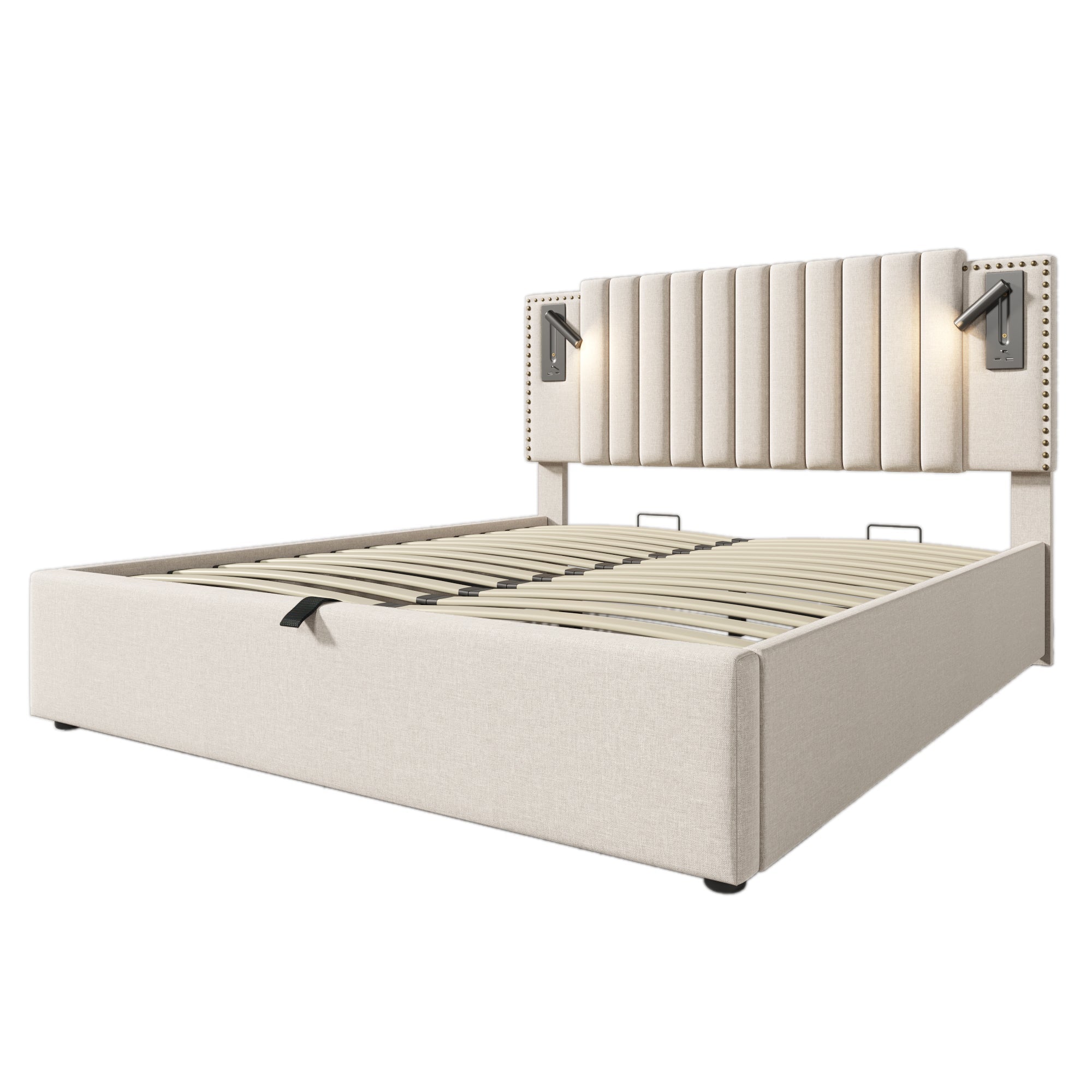 Logidon gestoffeerd bed 160x200 beige met opbergruimte en USB-leeslamp