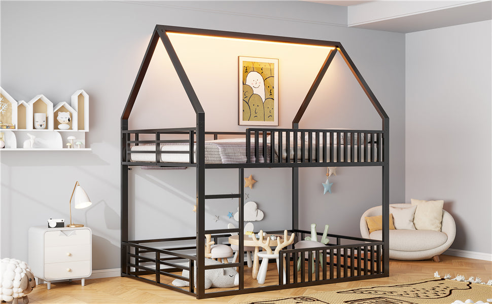Logidon House stapelbed 140x200 met hekwerk en LED-licht zwart