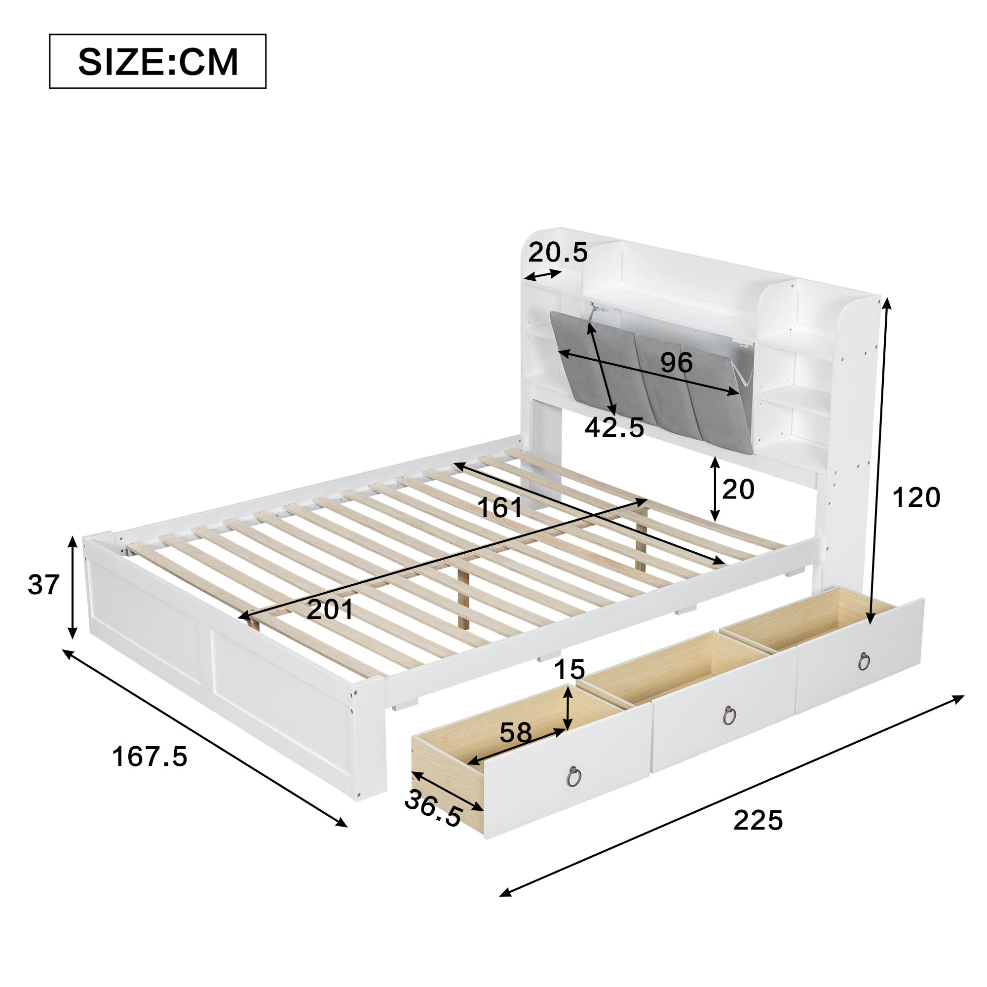 Logidon tweepersoonsbed 160x200 witgrijs, open plank en drie lades