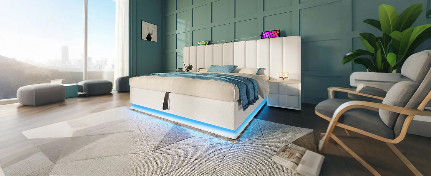 Logidon gestoffeerd bed 160x200 wit met opbergruimte en app-gestuurde LED-verlichting