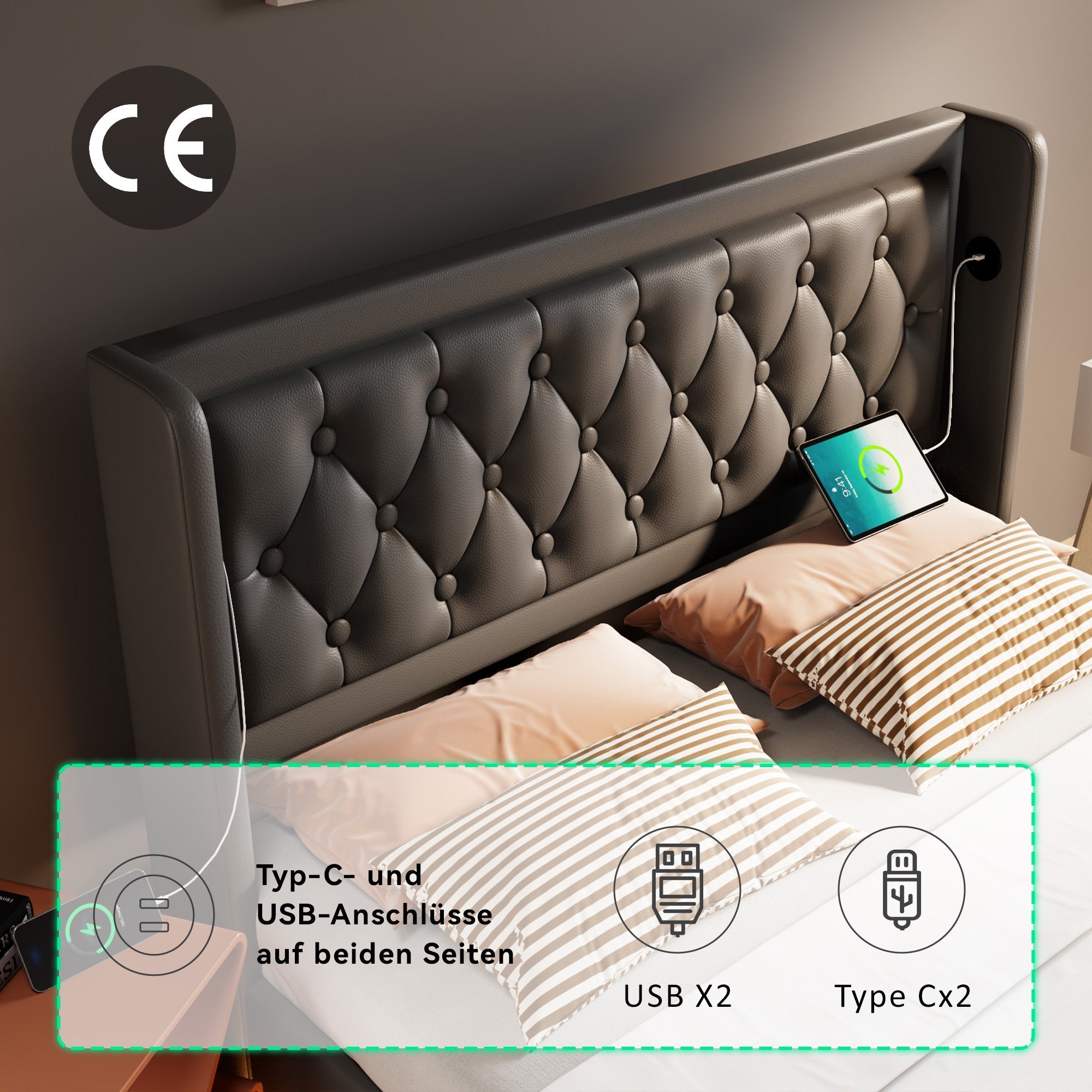 Logidon gestoffeerd bed 140x200 cm zwart PU met opbergruimte USB-C LED