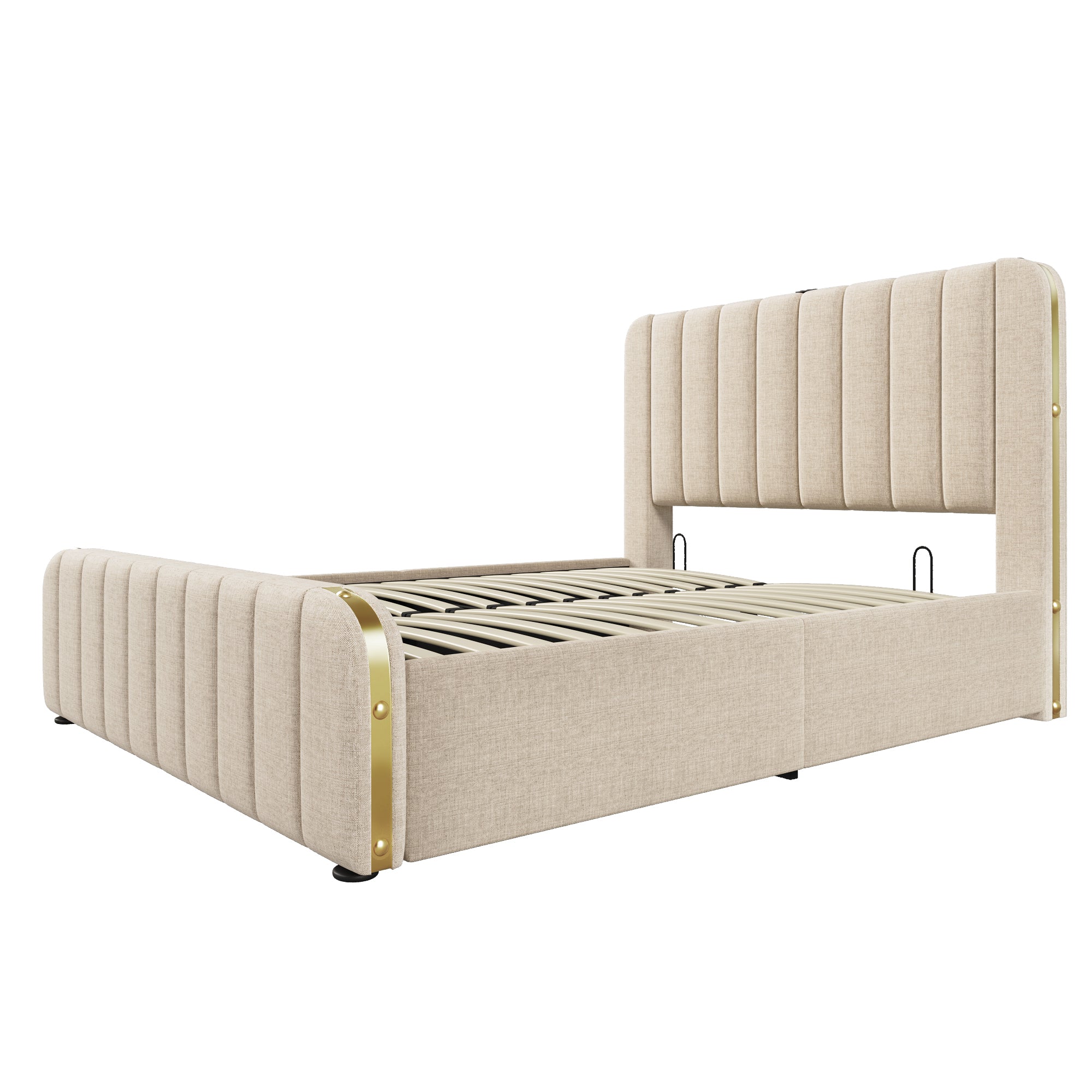 Logidon gestoffeerd bed 160x200 beige linnen, USB-C oplaadfunctie