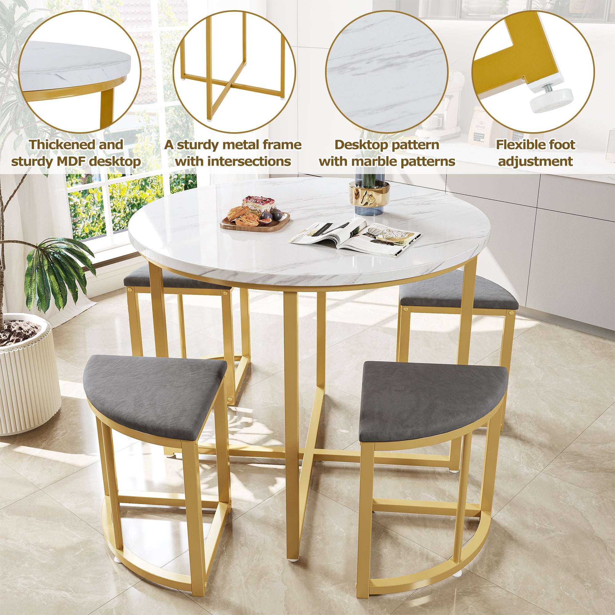 Logidon eettafelset grijs fluweel, 80x80 cm, gouden frame, 4 stoelen