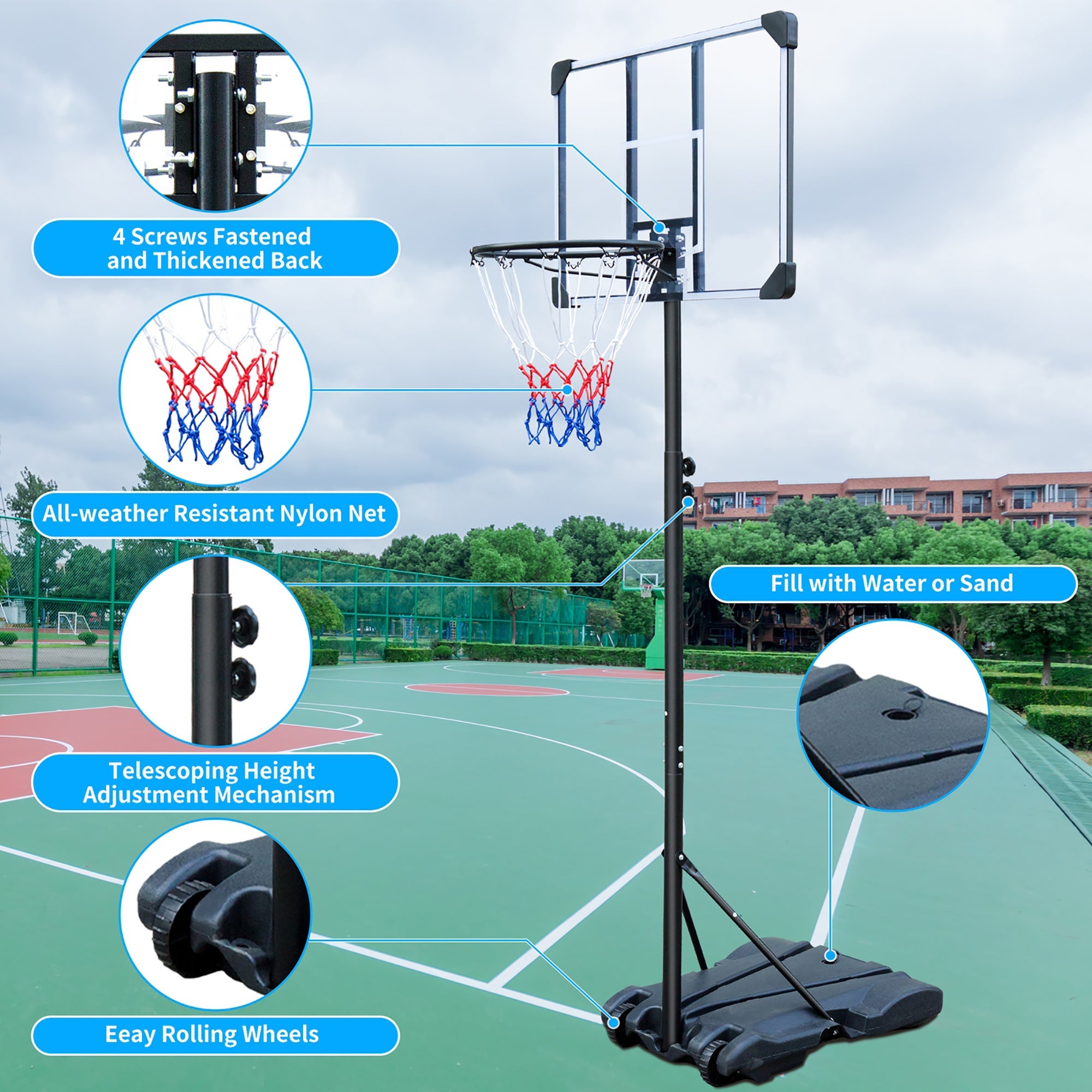Logidon Draagbare basketbalstandaard met wielen 164-213 cm zwart