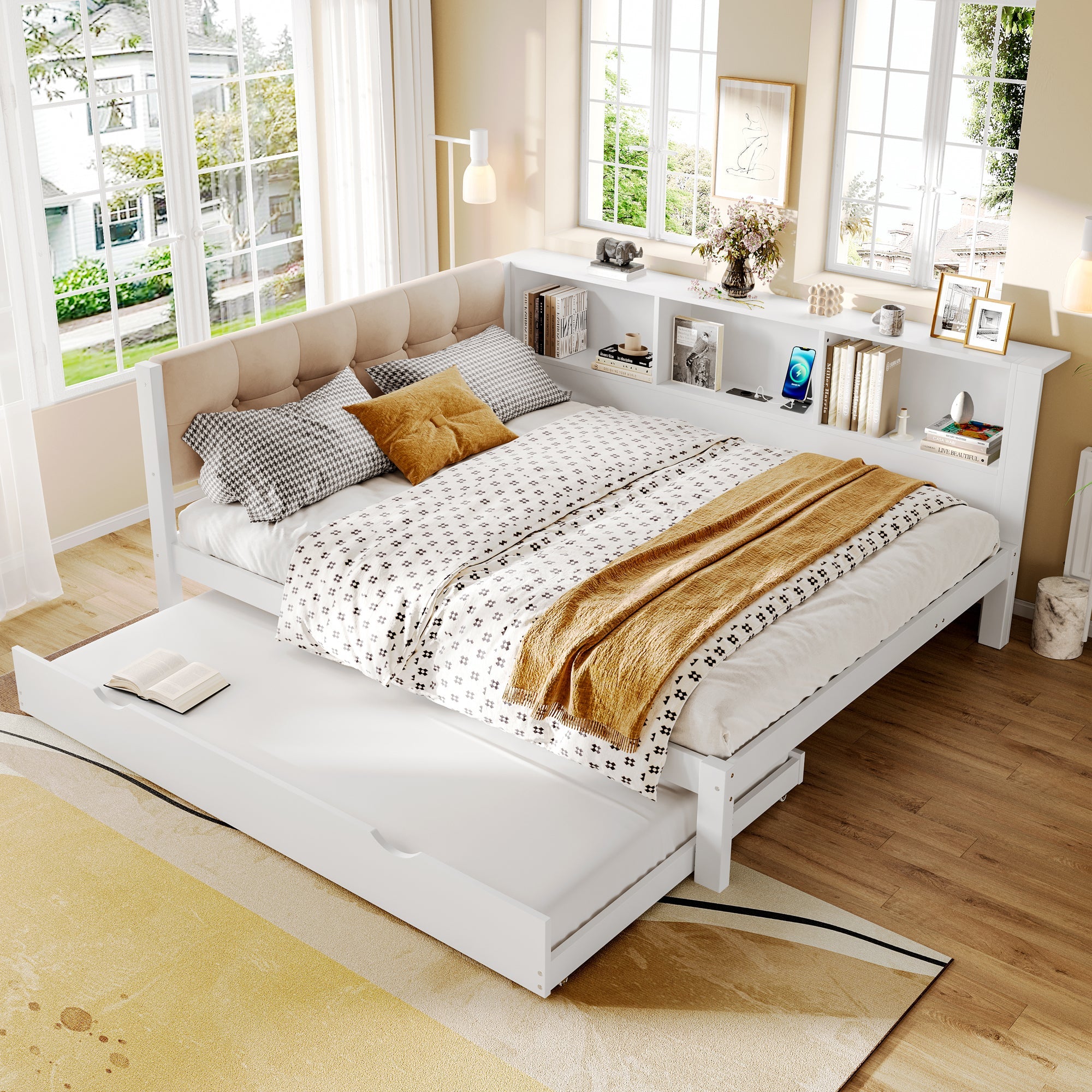 Logidon daybed wit 140x200 CM met uitschuifbaar bed LED-verlichting