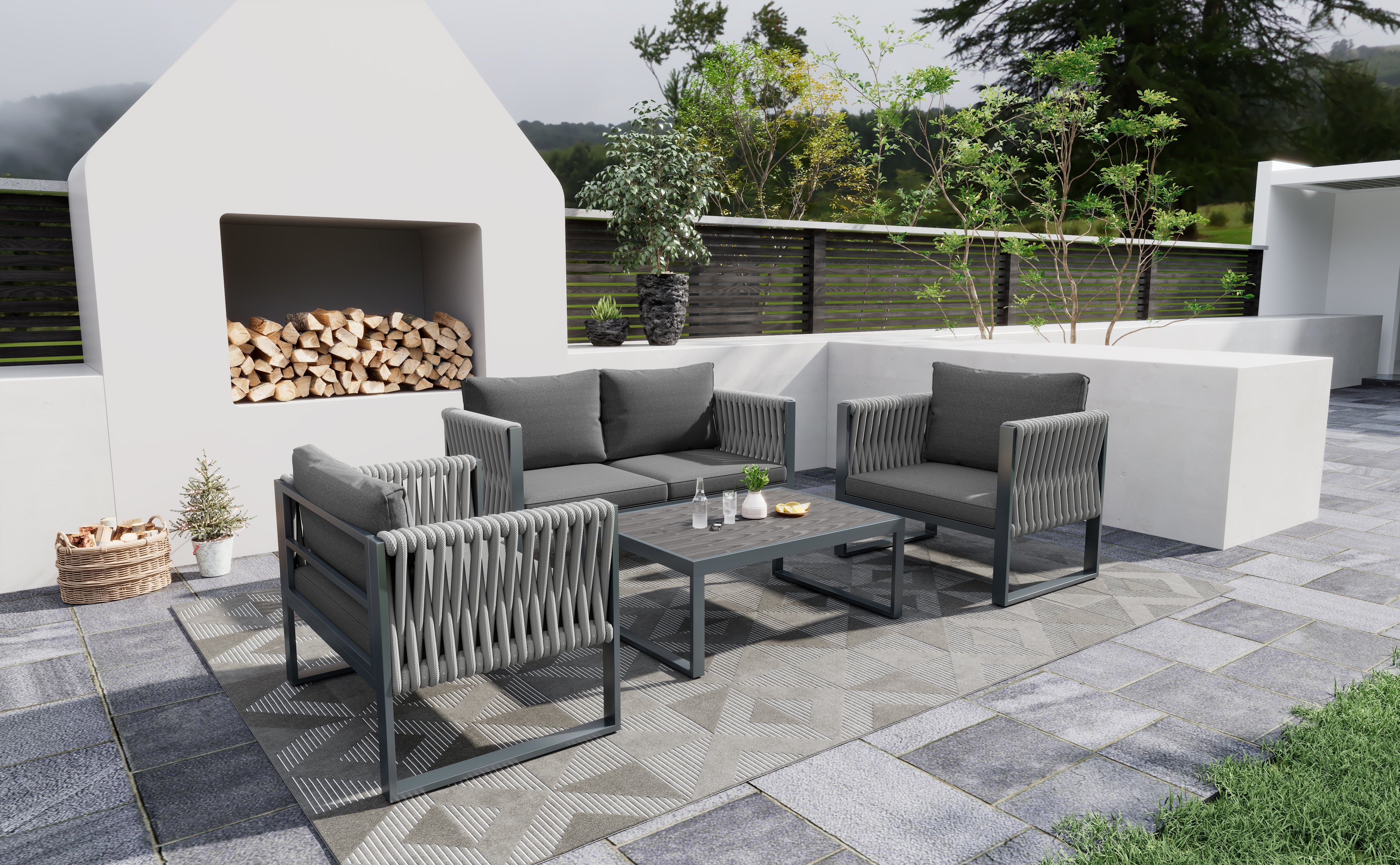 Logidon Tuinloungeset Grijs Touw met Gegalvaniseerd Ijzeren Frame Set van 4