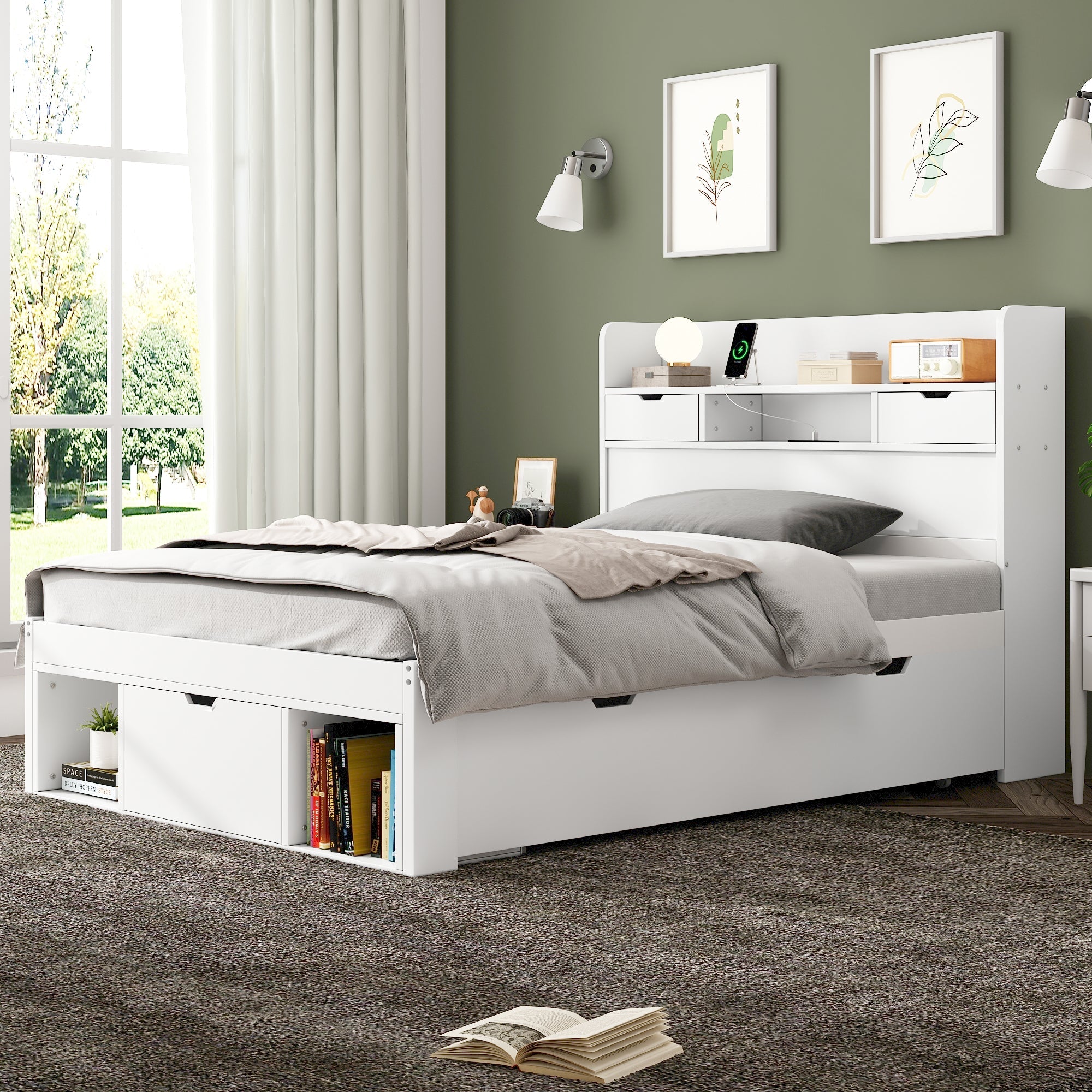 Logidon jeugd- en kinderbed 90x190 cm met USB poort opbergruimte wit