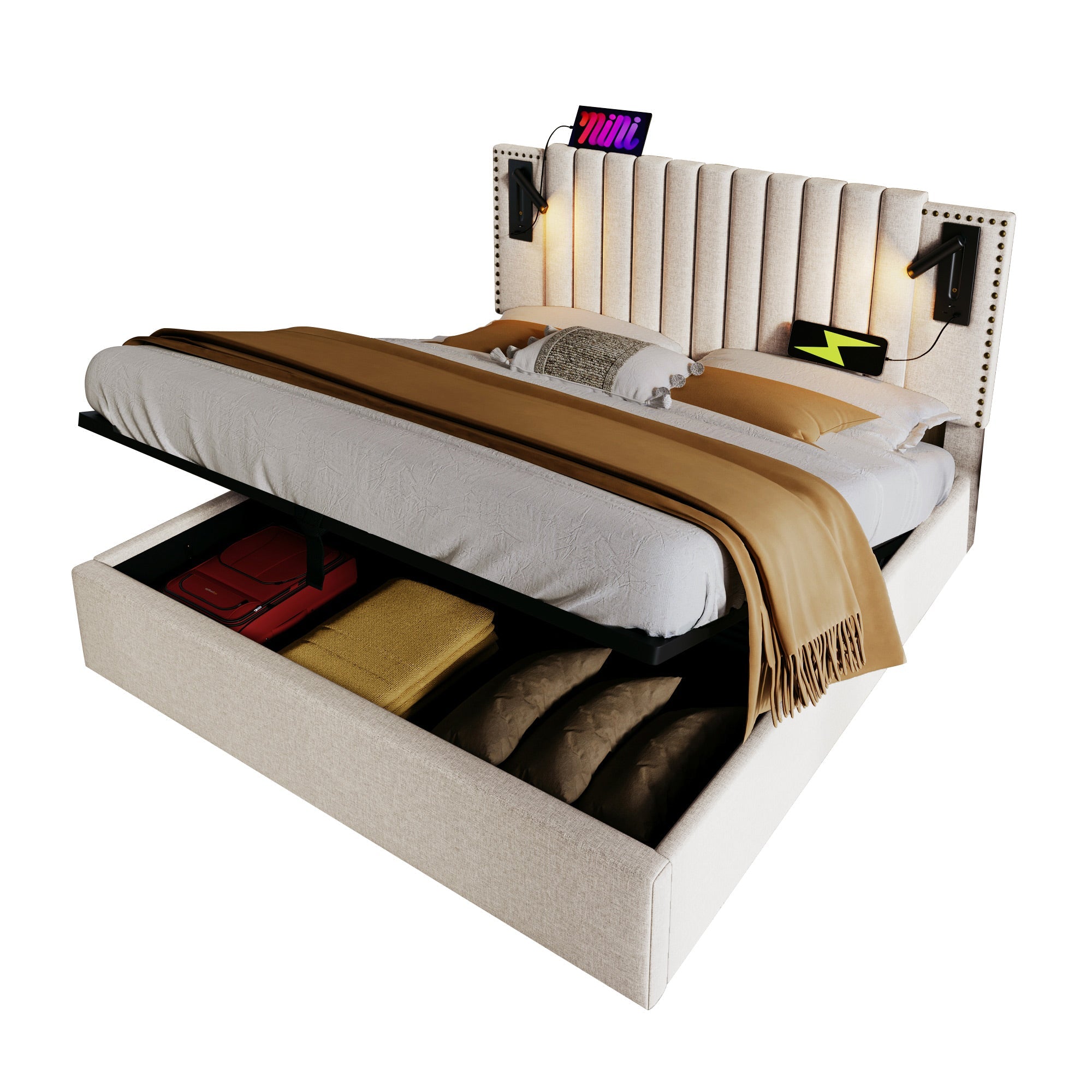 Logidon gestoffeerd bed 160x200 beige met opbergruimte en USB-leeslamp
