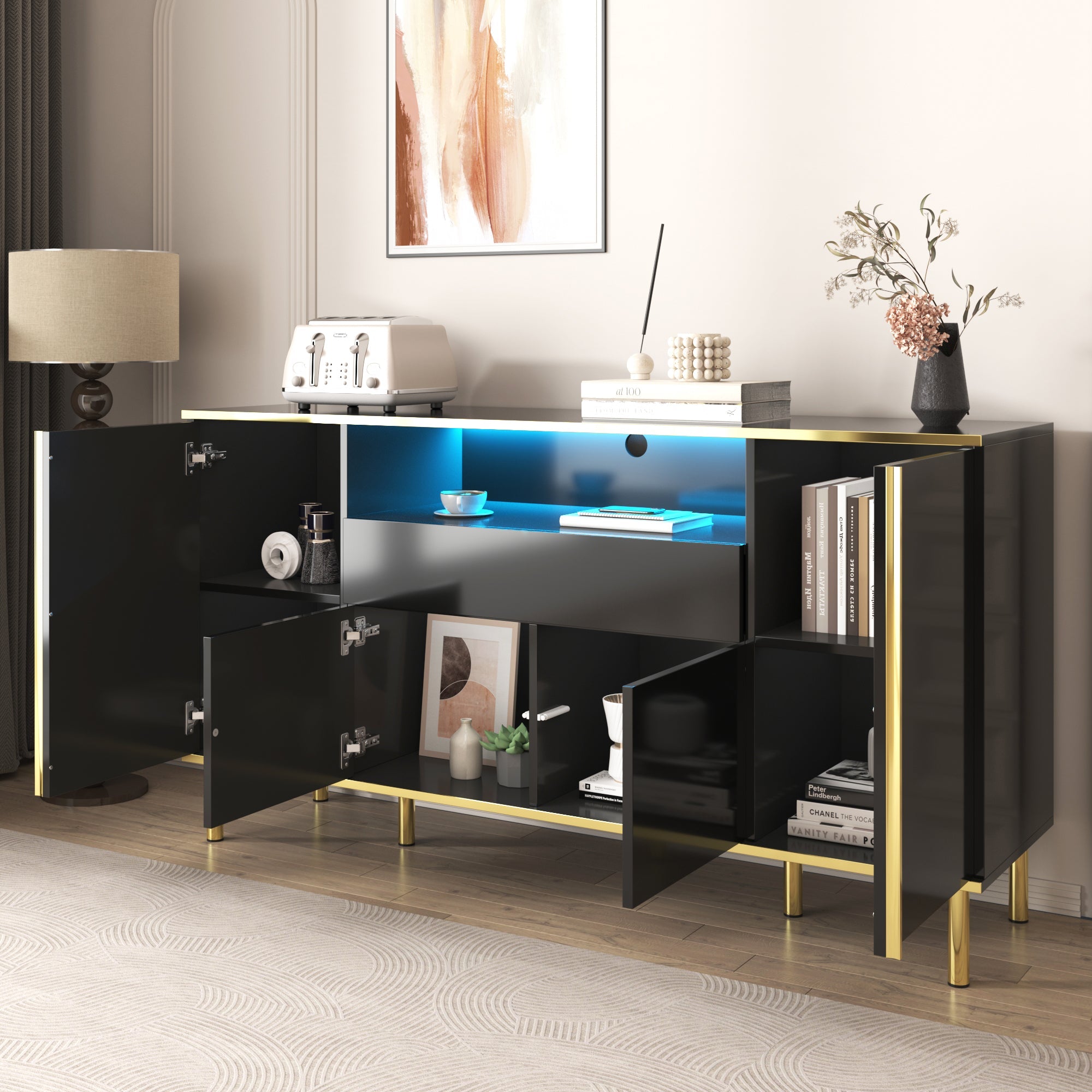 Logidon high-gloss sideboard black 150x40x80 with LED accents