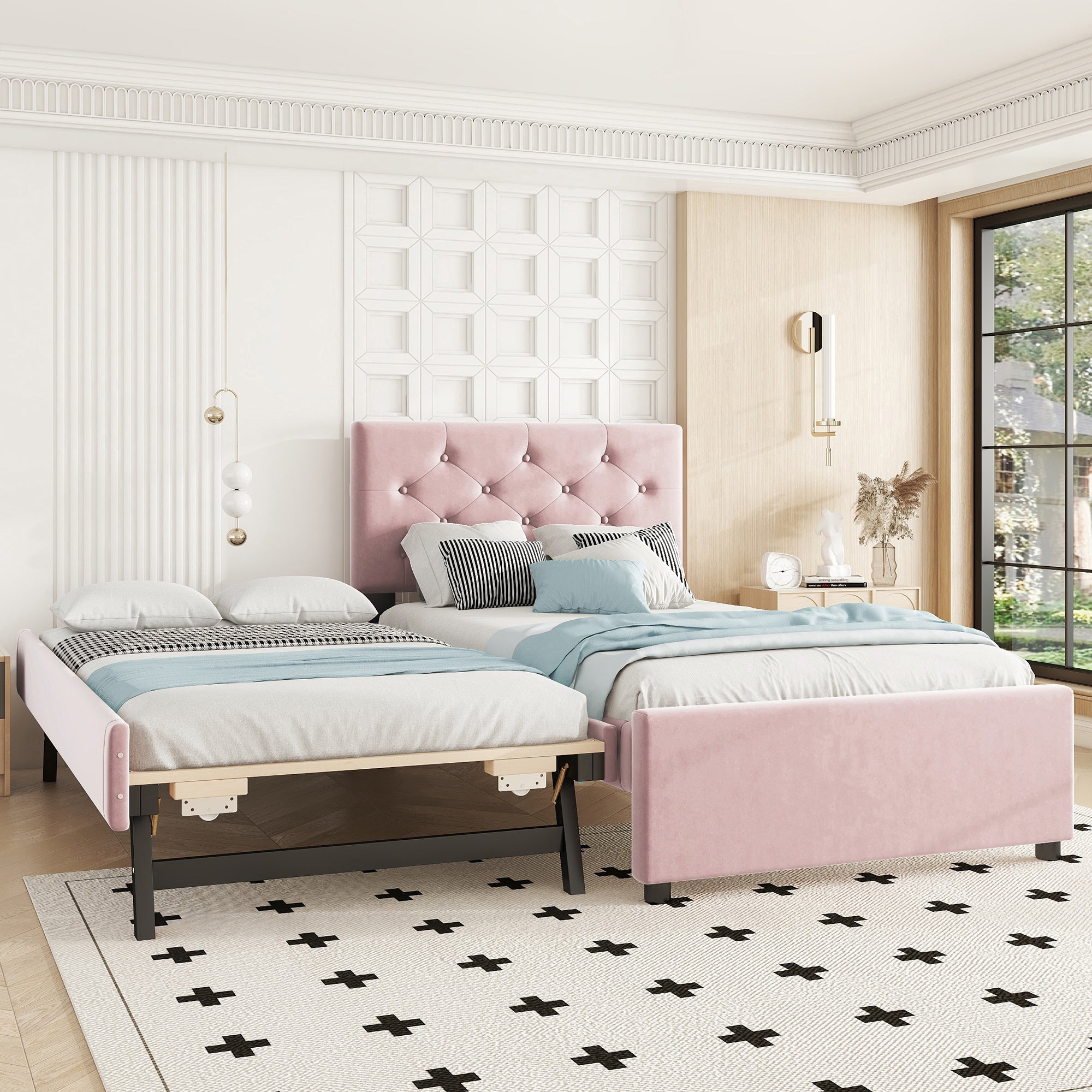 Logidon gestoffeerd bed 90x200 roze fluweel met rolcontainer