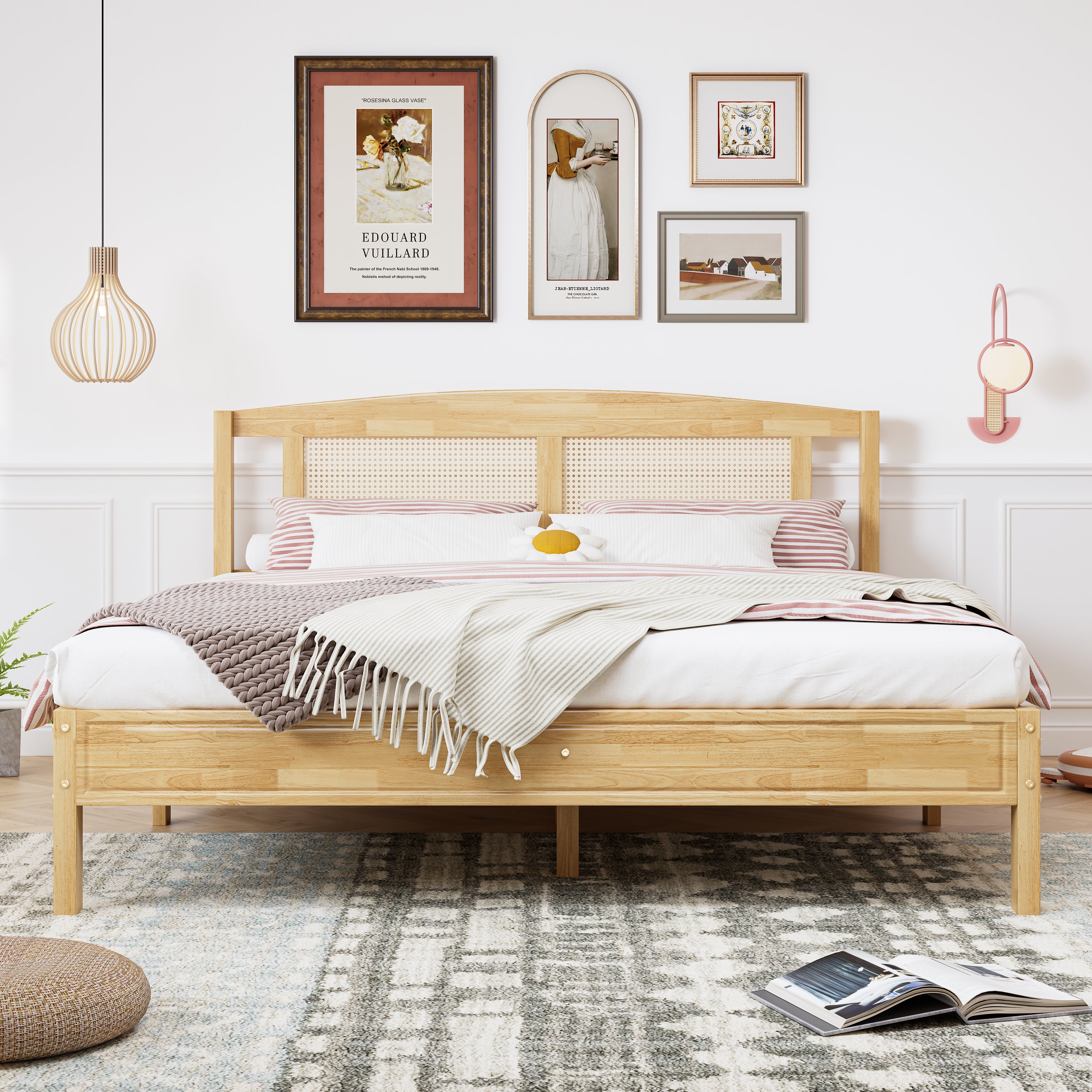 Logidon double bed 160x200 cm wood with natural rattan 15 slats