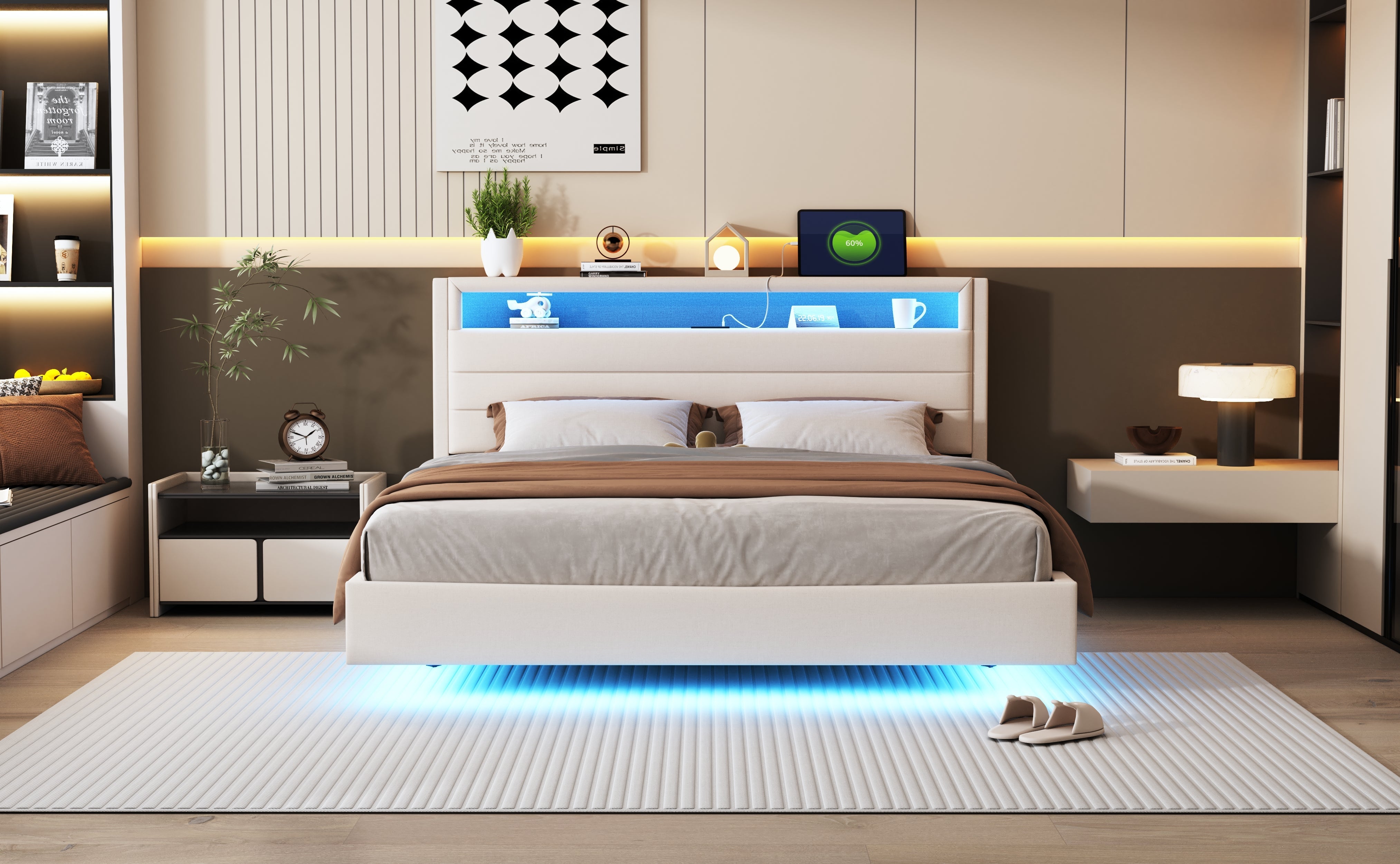 Logidon gestoffeerd bed 160x200 beige met USB-aansluiting en LED-verlichting