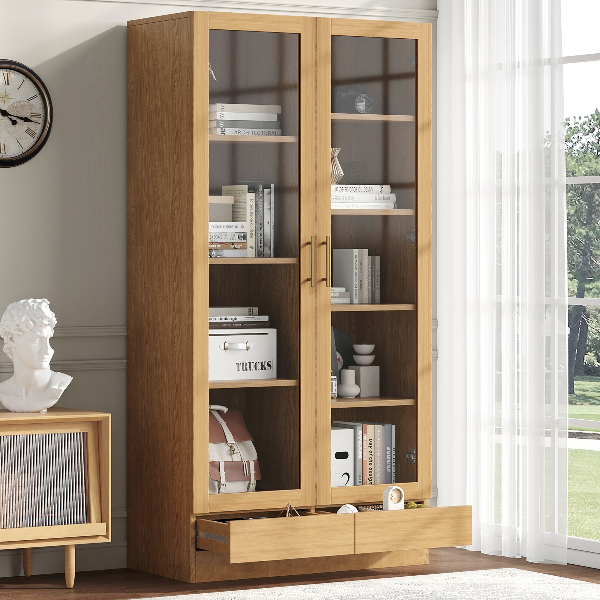 Logidon vitrinekast 80x40x160 cm naturel hout met push-to-open lades