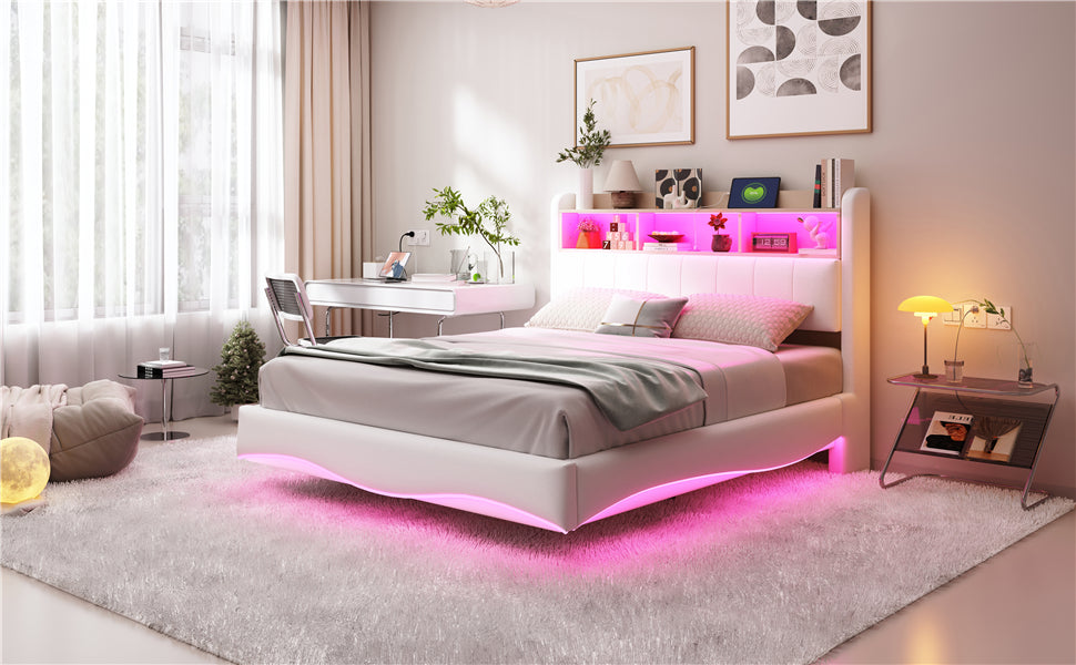 Logidon gestoffeerd bed 140x200 beige met LED-licht USB type C opbergruimte