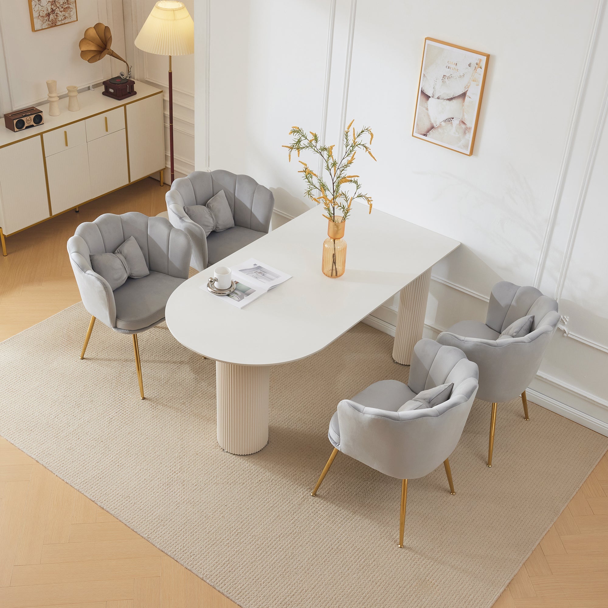 Logidon Four Modern Velvet Chairs Gray With Leaf Back Gold Legs