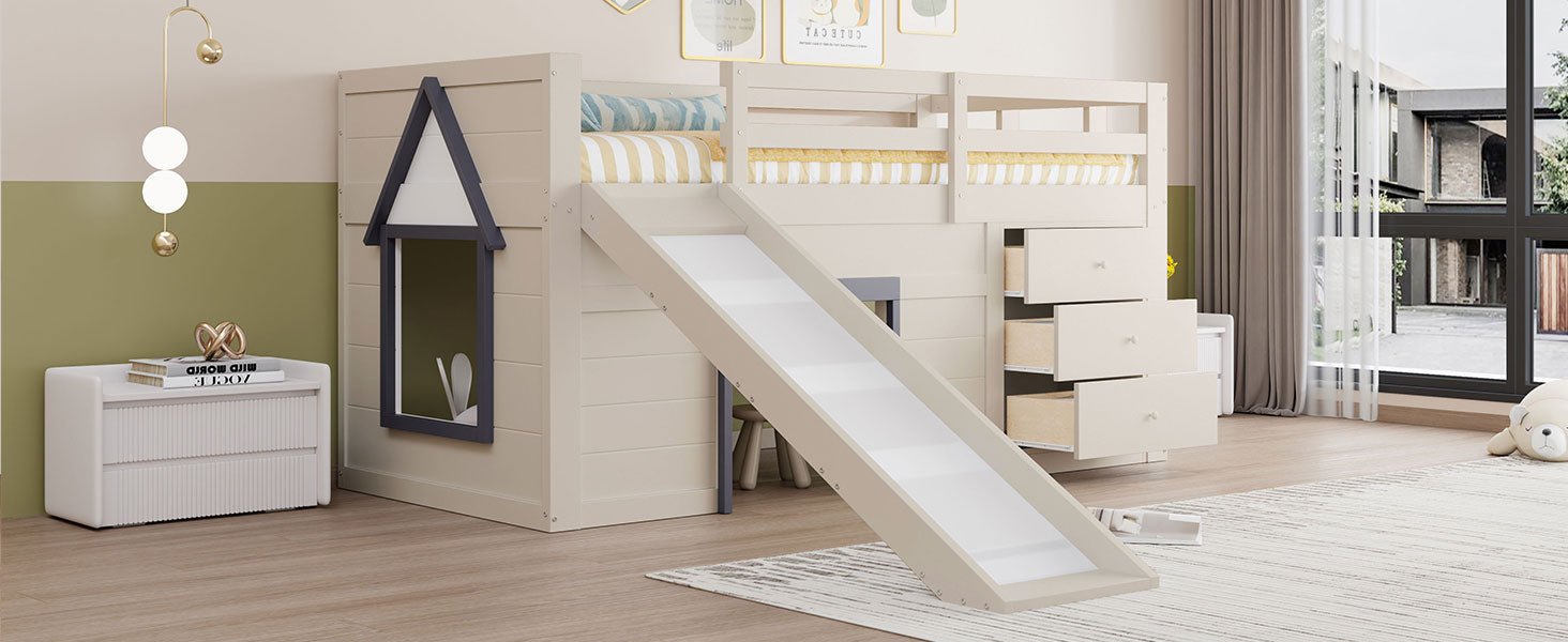 Logidon crème hoogslaper 90x200 met glijbaan, 3 lades, 2 deuren