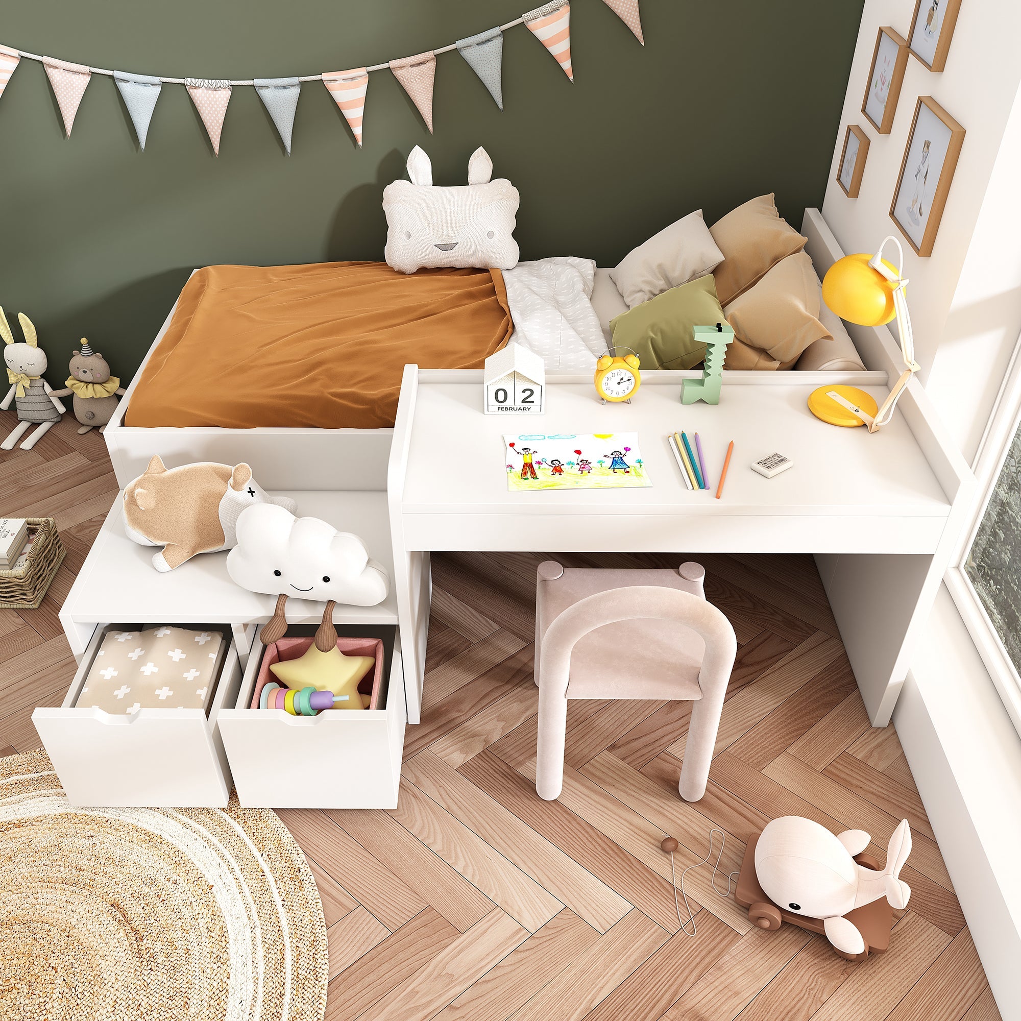 Logidon kinderbed 90x200 massief hout wit met bureau en opbergruimte